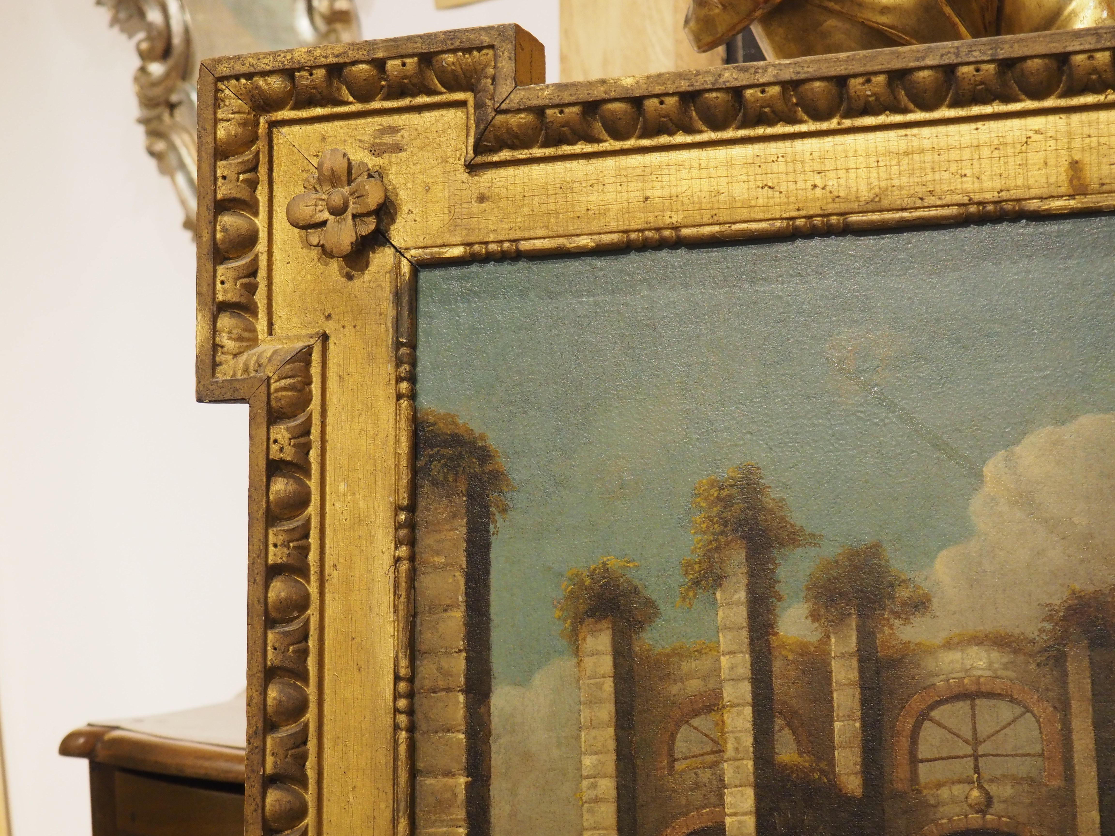 Miroir Trumeau italien ancien en bois doré avec peinture à l'huile d'une scène de port, vers 1780 en vente 1