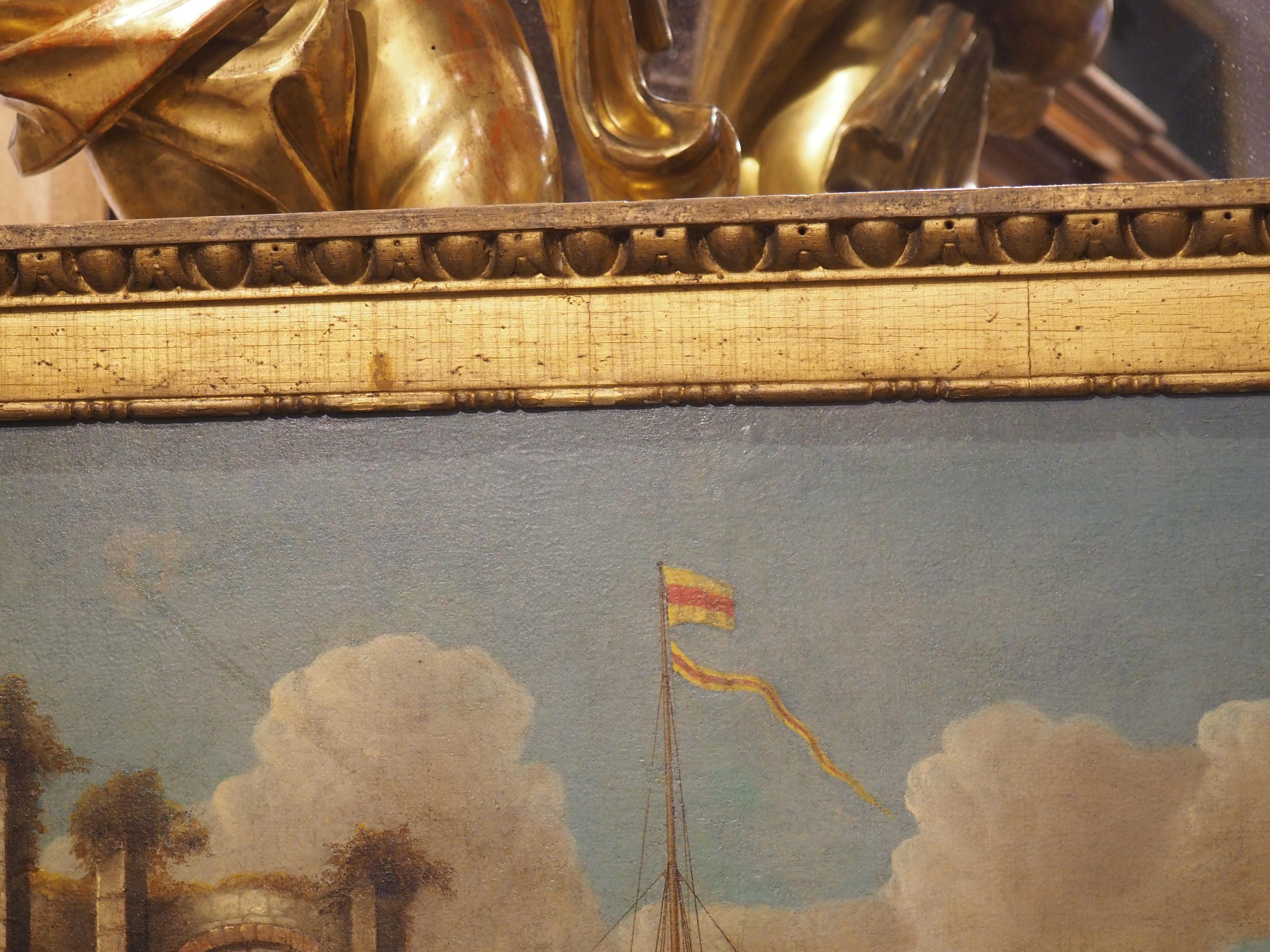 Miroir Trumeau italien ancien en bois doré avec peinture à l'huile d'une scène de port, vers 1780 en vente 2