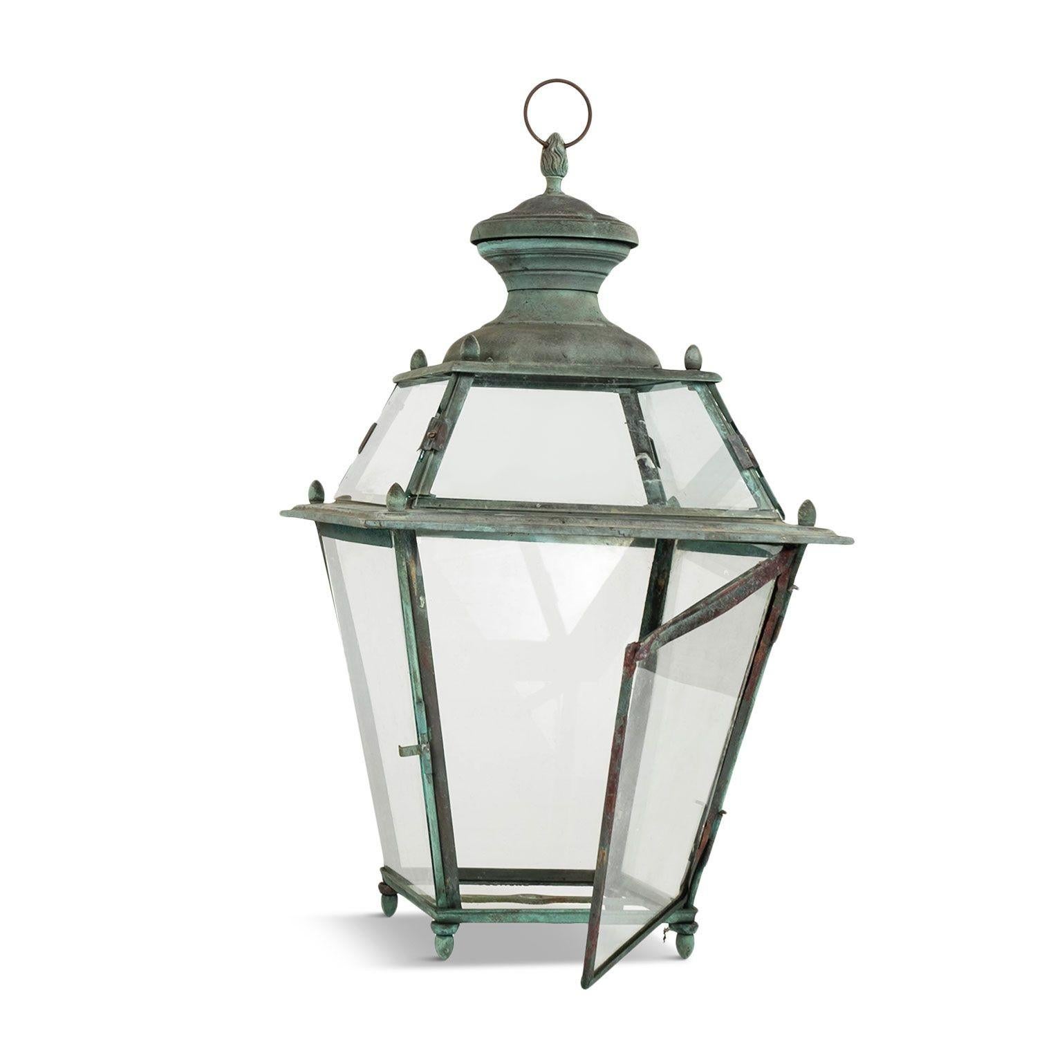Antique Italian glass paneled lantern circa 1900-1910. Cast brass with soft, natural green-verdigris patina. Not wired.