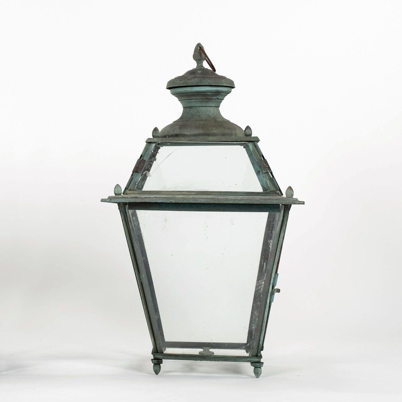Brass Antique Italian Glass Paneled Lantern For Sale