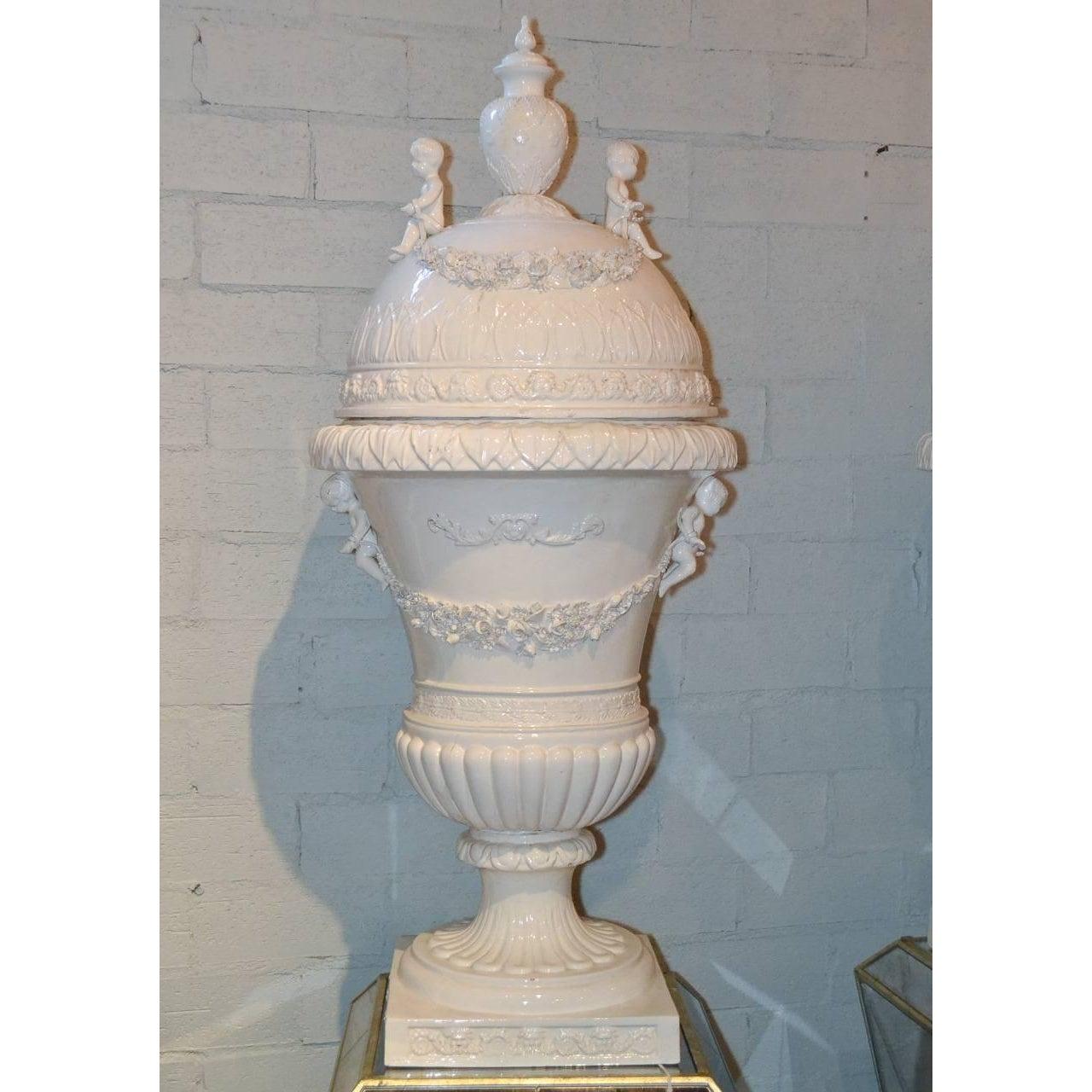 20th Century Antique Italian Glazed Porcelain Capped Urns