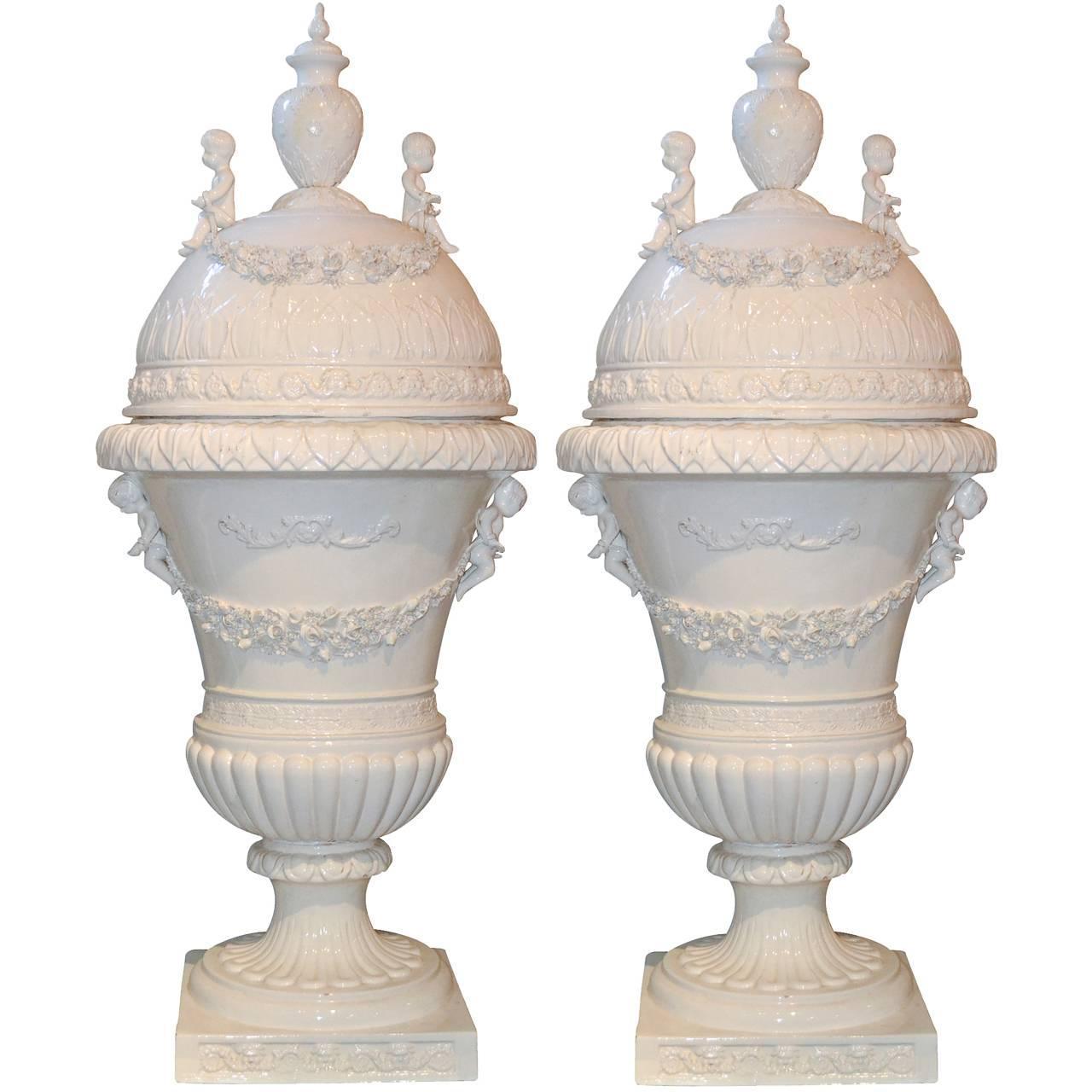 Antique Italian Glazed Porcelain Capped Urns 2