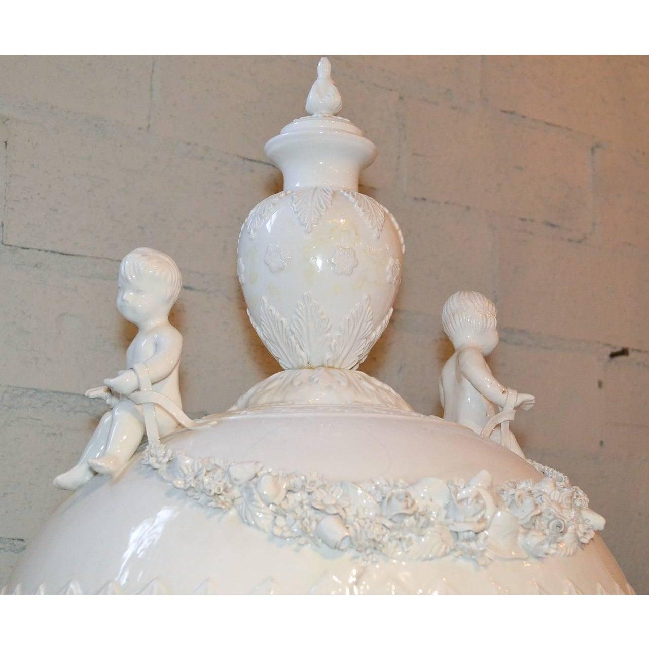 Antique Italian Glazed Porcelain Capped Urns 3