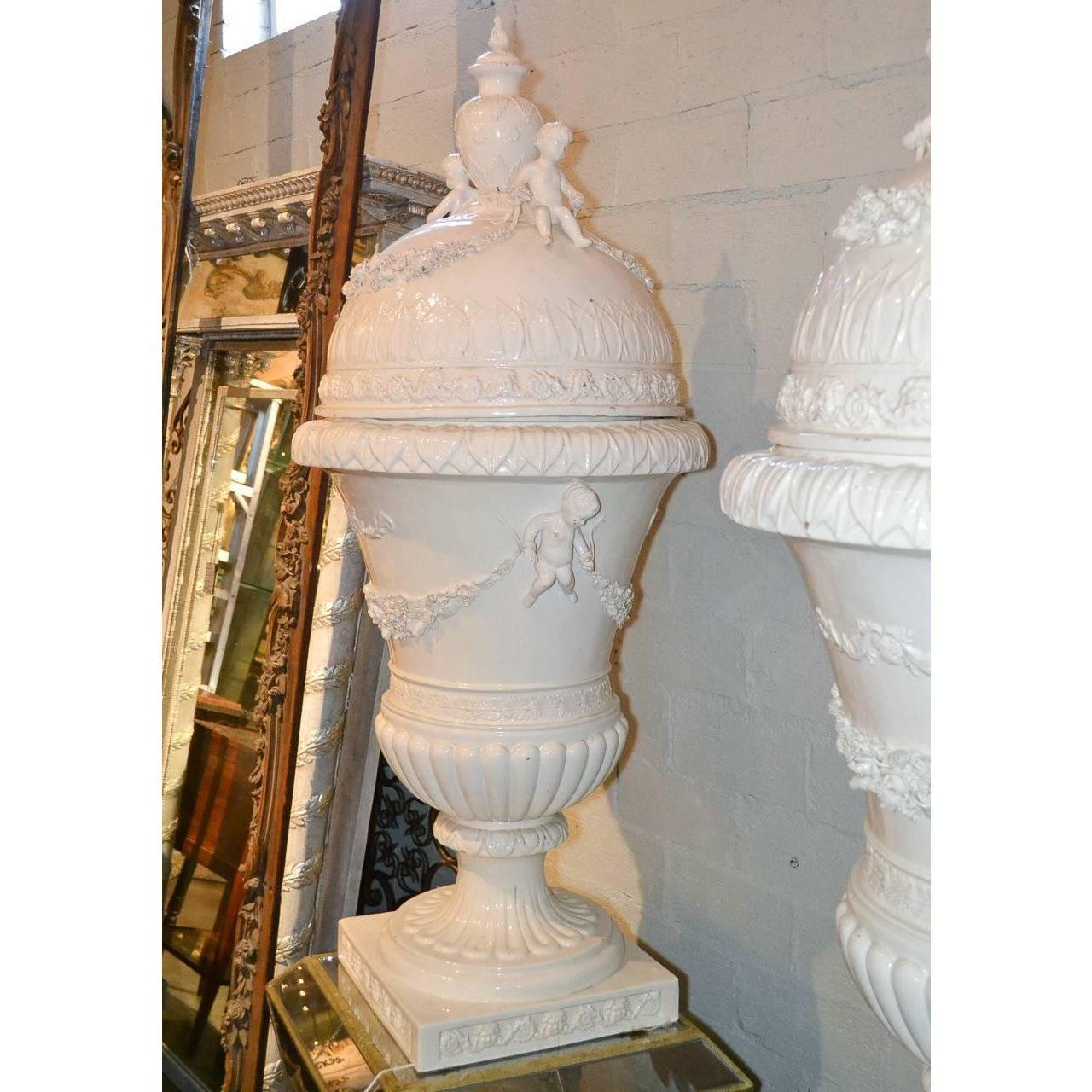 Antique Italian Glazed Porcelain Capped Urns 4