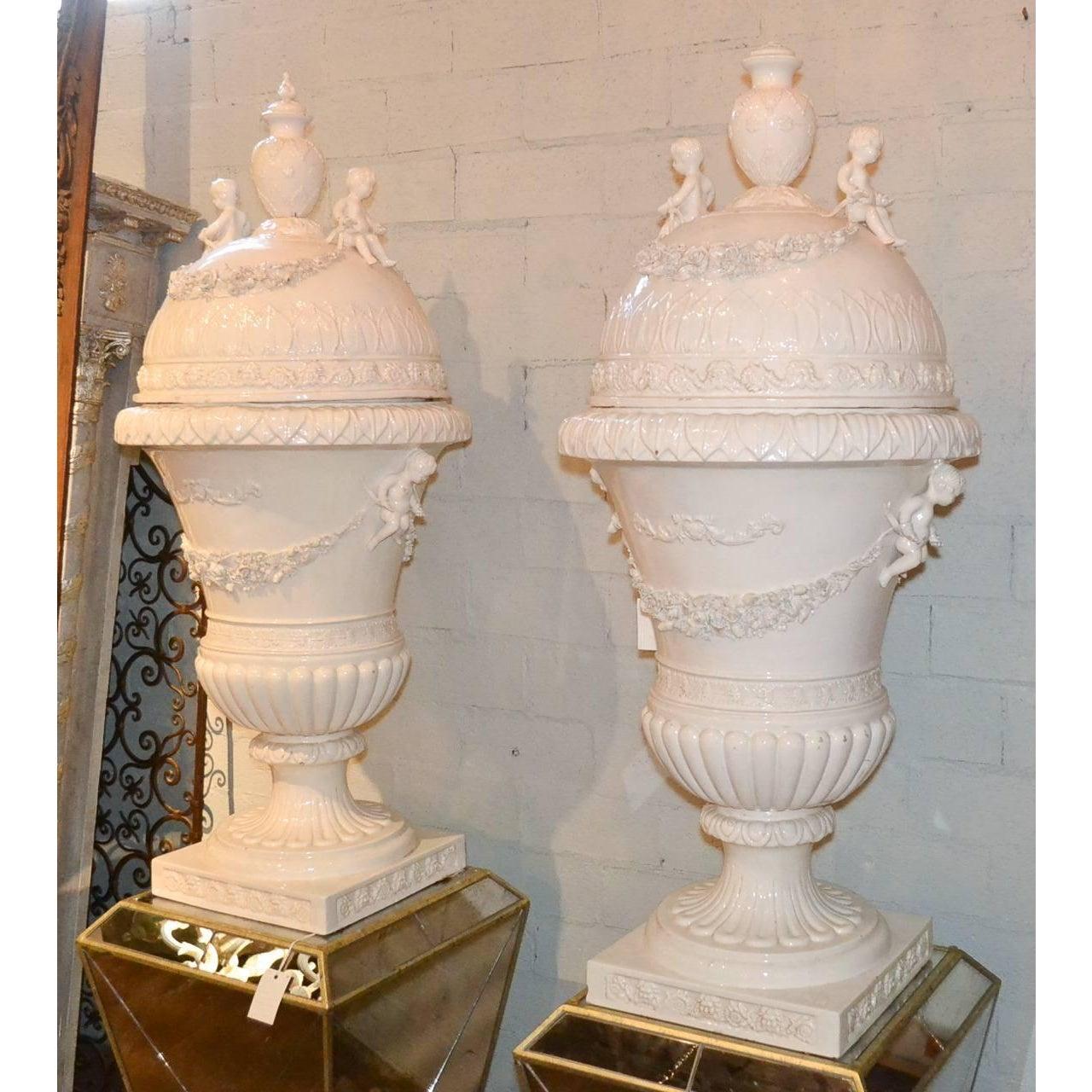 Antique Italian Glazed Porcelain Capped Urns 5