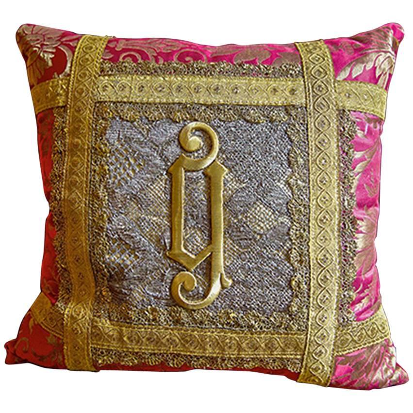 Antique Italian Gold Applique on Lace Needlework Pillow by Eleganza Italiana For Sale