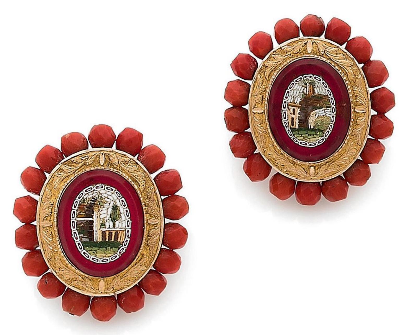 Bead Antique Italian Gold Micromosaic Earrings For Sale