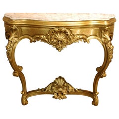 Antique Italian Gold Rococo Console Table With Bianca Rosa Marble Top