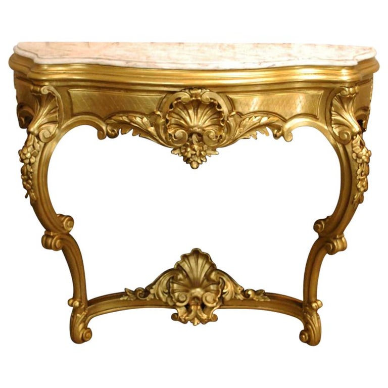Antique Italian Gold Rococo Console, Antique Entry Table With Marble Top