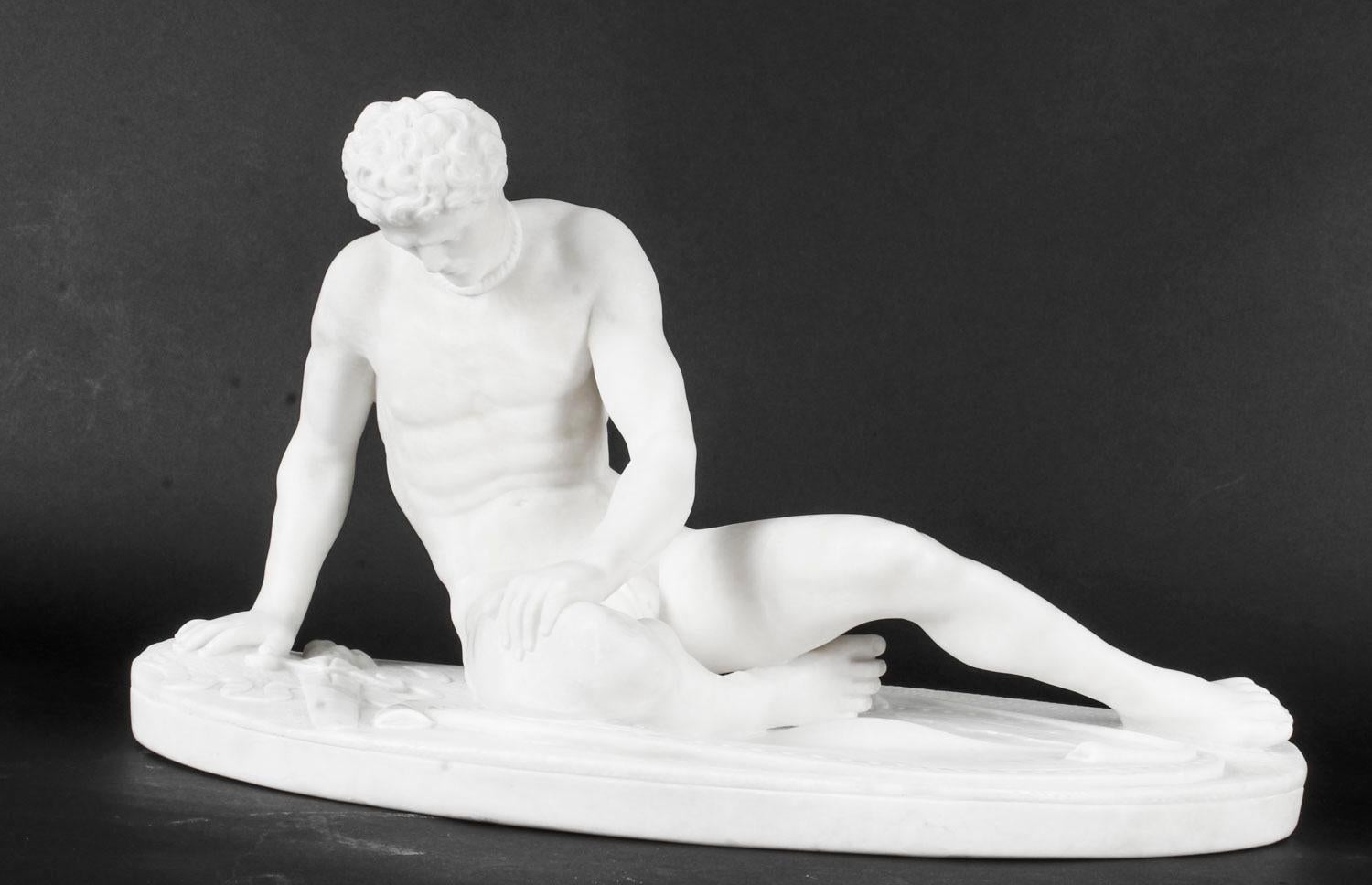 This is a truly magnificent antique Italian Grand Tour white alabaster sculpture of the Dying Gaul, circa 1860 in date. 

This striking classical sculpture is after the original antique Roman marble sculpture found in the Capitoline Museum in the