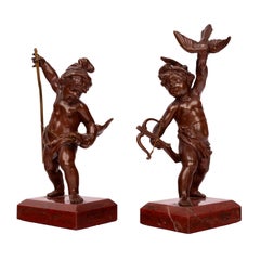 Antique Italian Grand Tour Bronze Hunting Putti Sculptures Statues Marble 1850