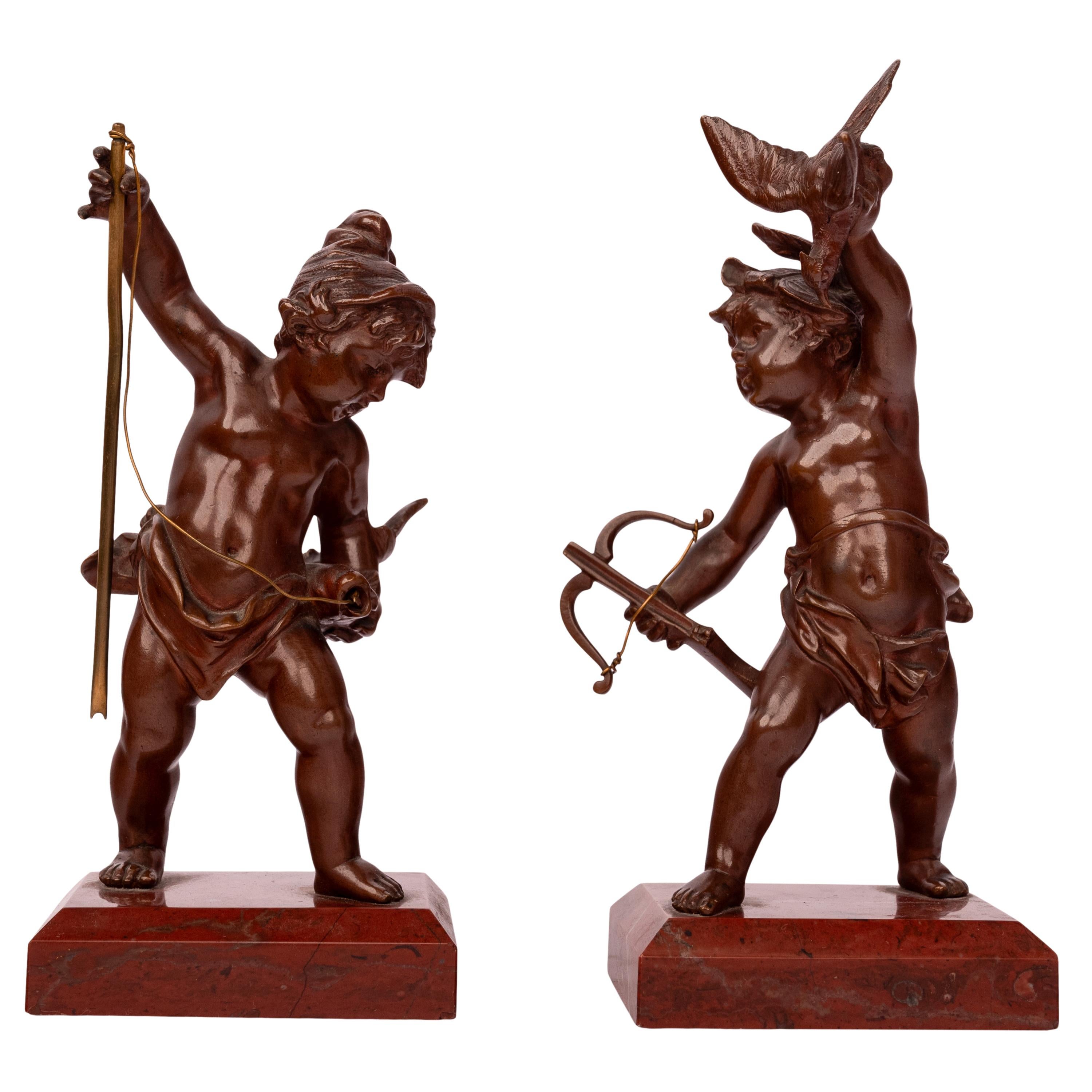 Antique Italian Grand Tour Bronze Hunting Putti Sculptures Statues Marble 1850 In Good Condition For Sale In Portland, OR