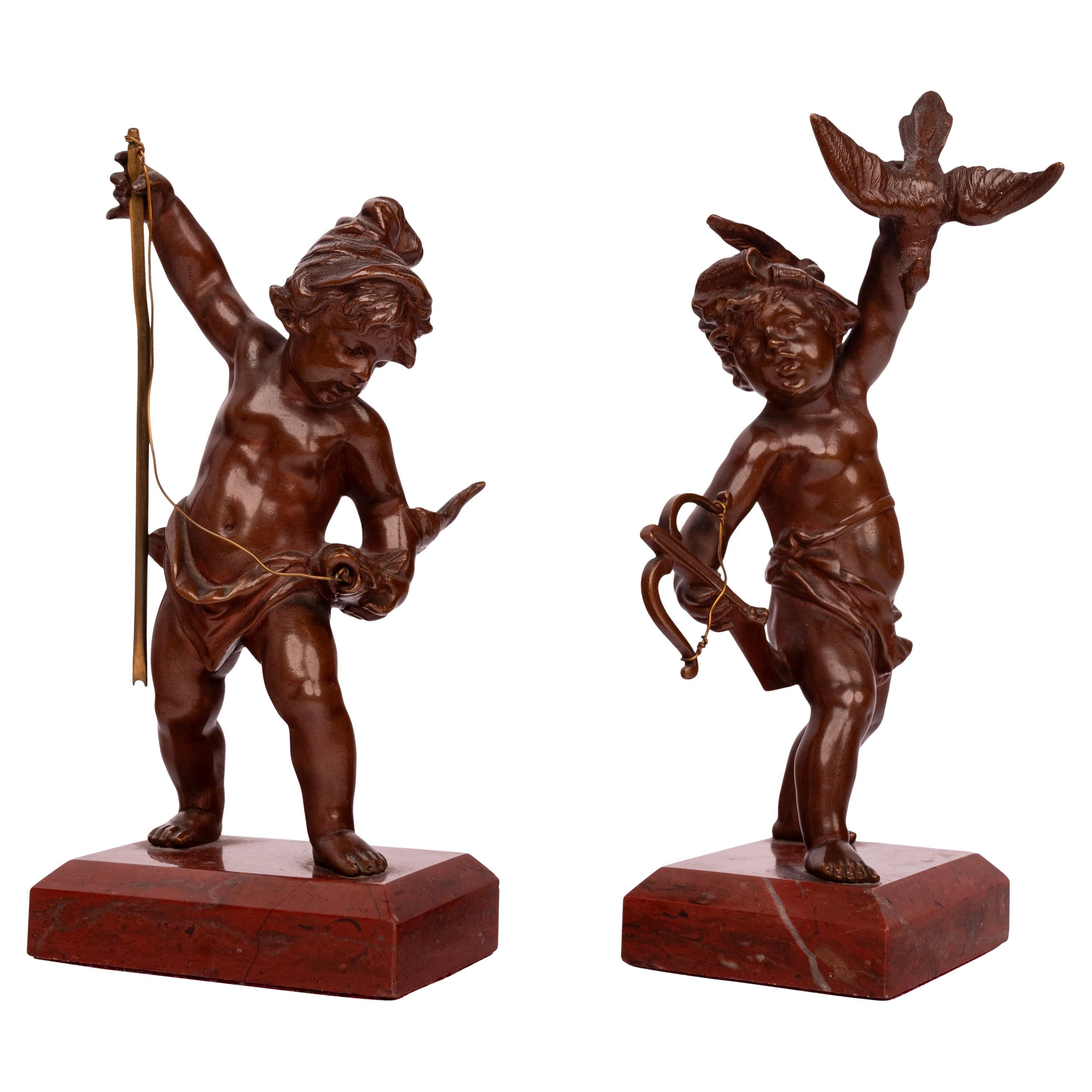 Antique Italian Grand Tour Bronze Hunting Putti Sculptures Statues Marble 1850