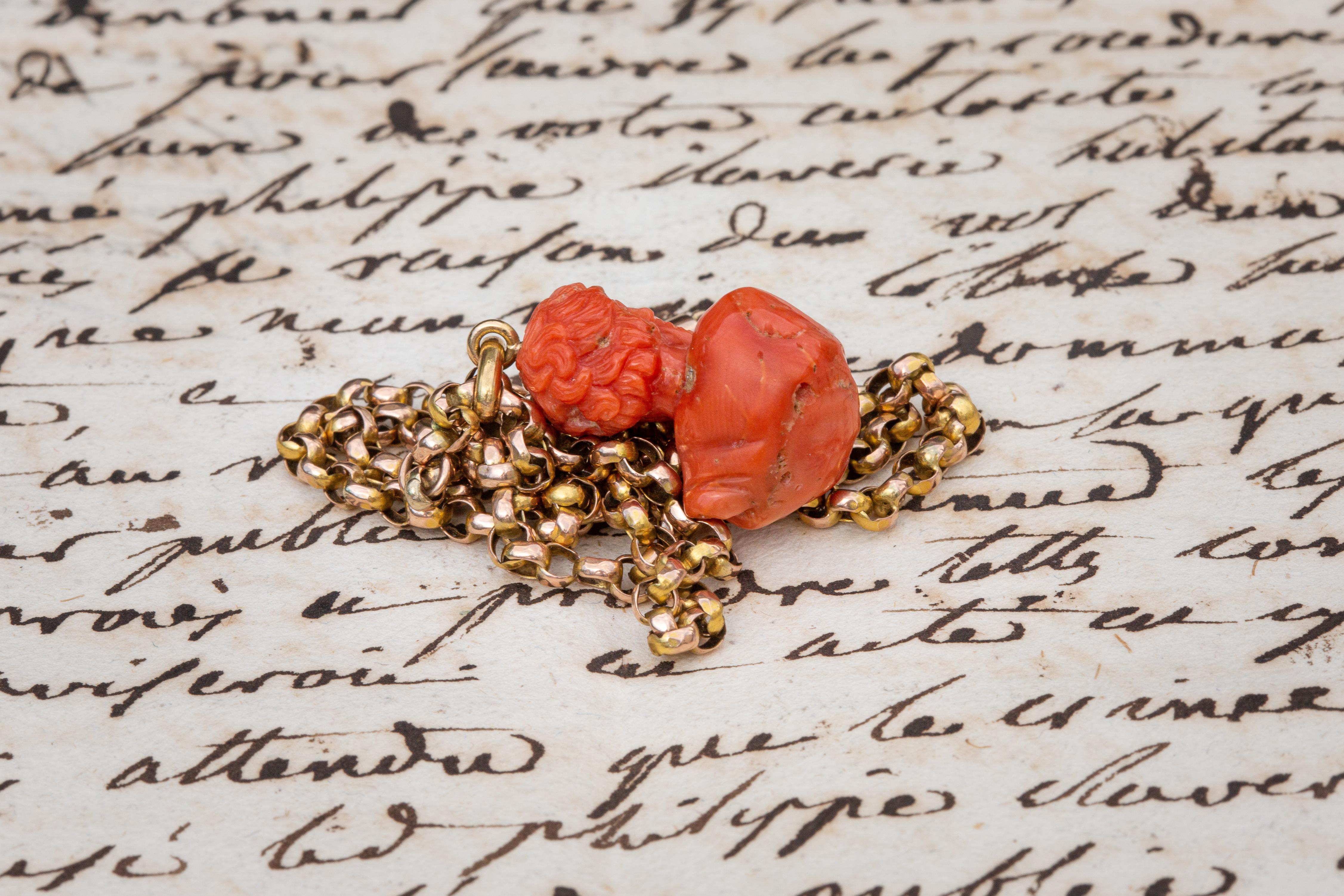 Victorian Antique Italian Grand Tour Carved Coral Gold Necklace 19th Century Neoclassical