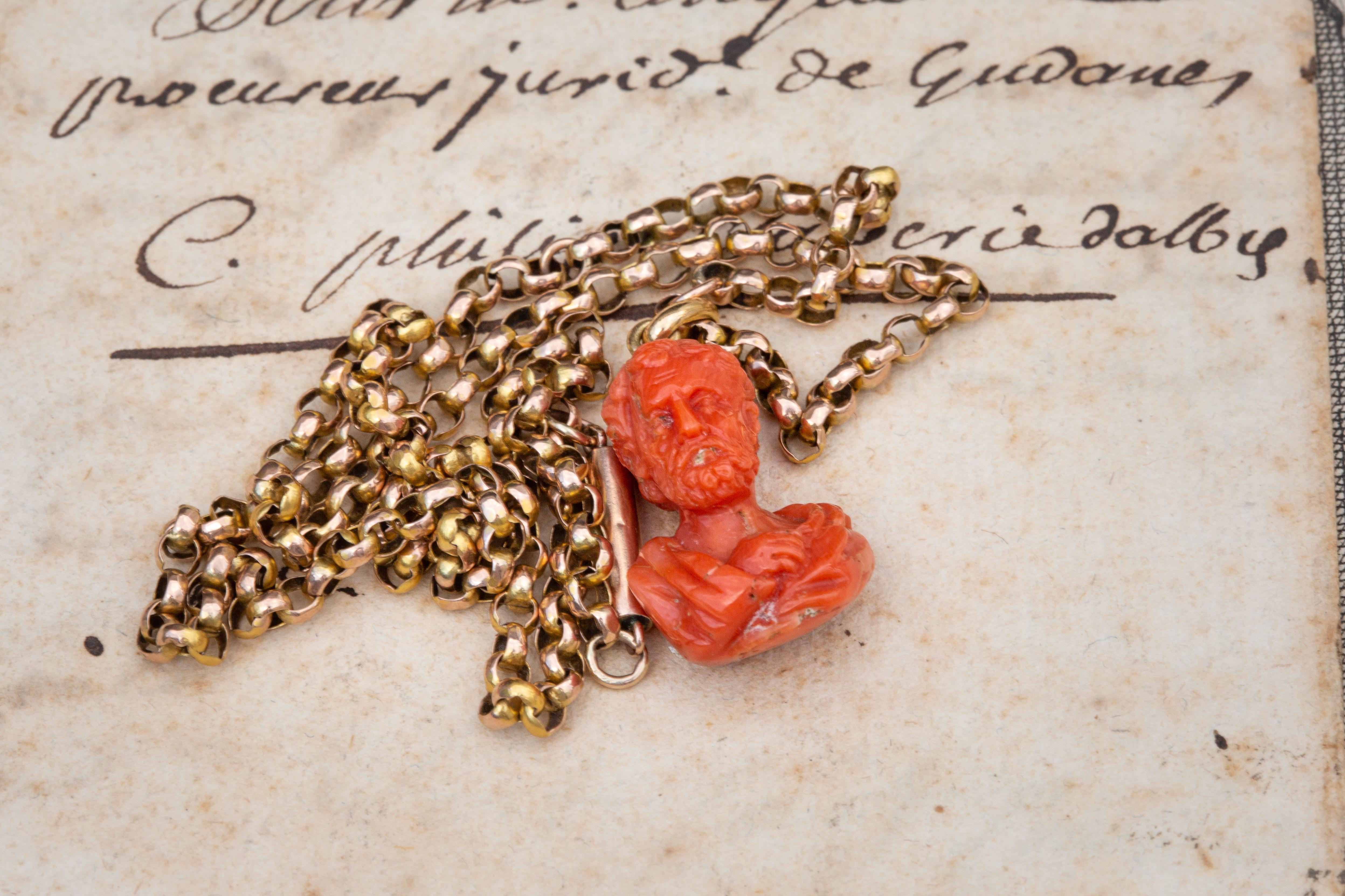 Women's or Men's Antique Italian Grand Tour Carved Coral Gold Necklace 19th Century Neoclassical