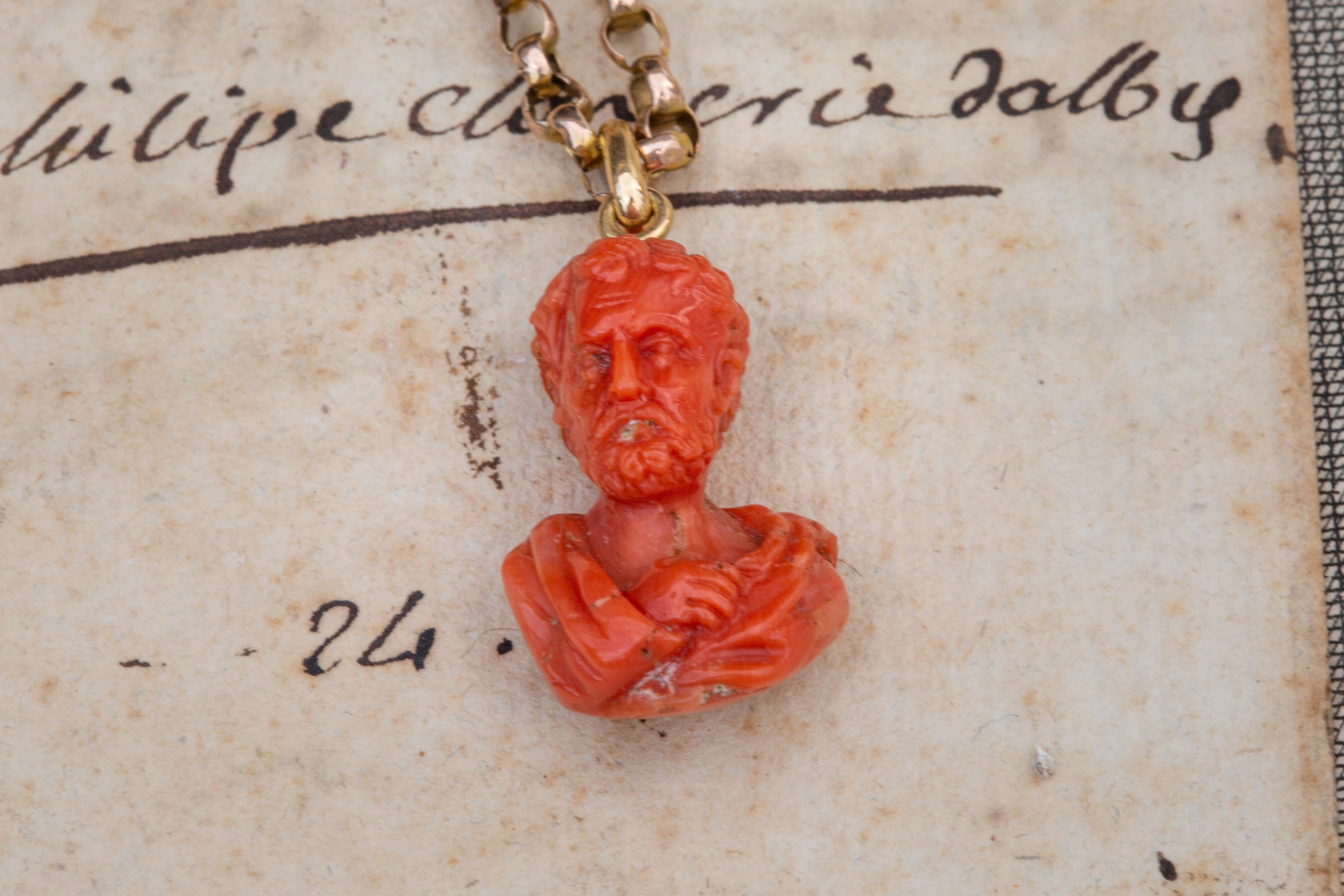 Antique Italian Grand Tour Carved Coral Gold Necklace 19th Century Neoclassical 1