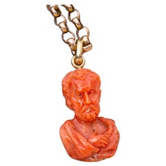Antique Italian Grand Tour Carved Coral Gold Necklace 19th Century Neoclassical