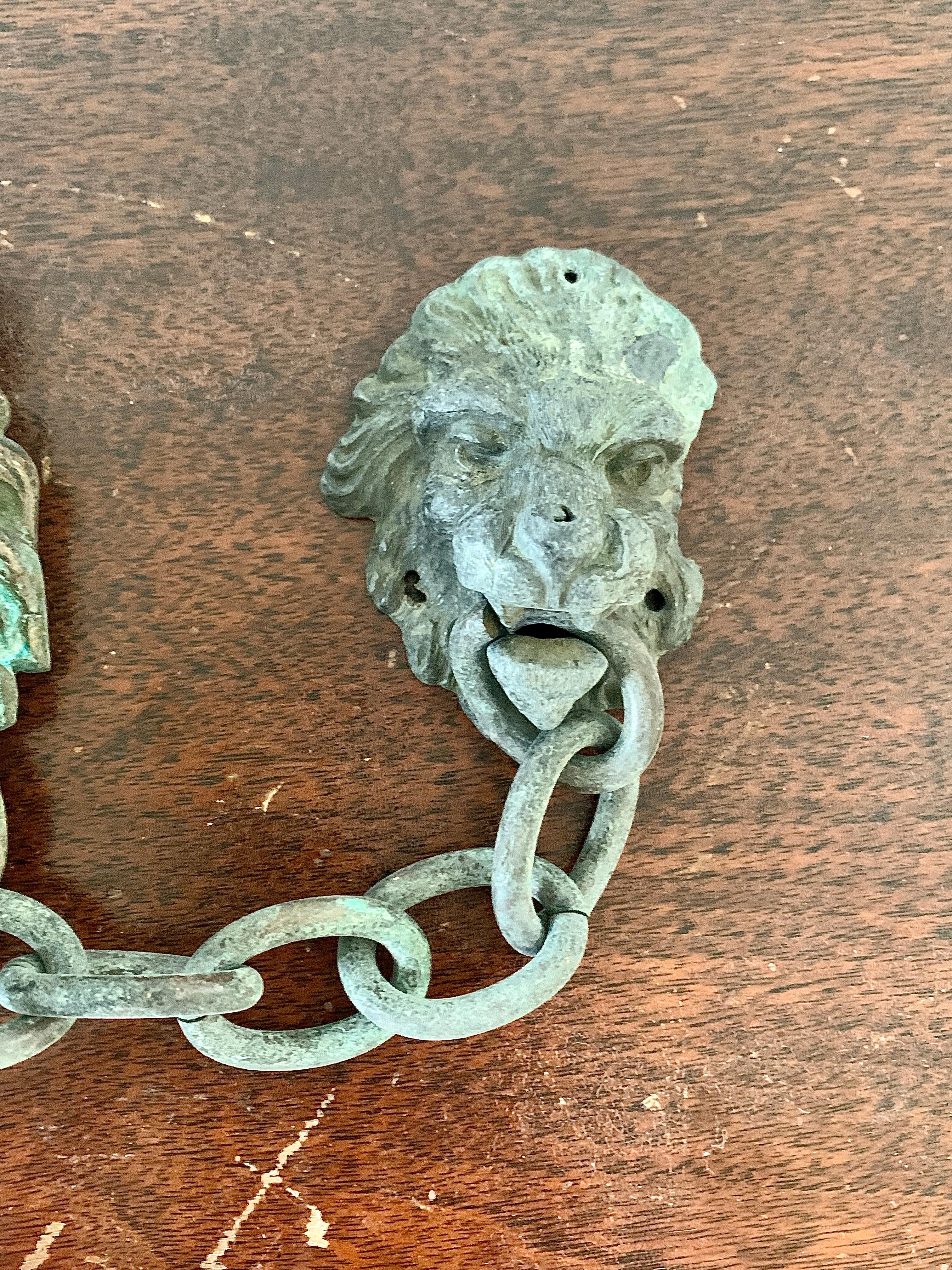 19th Century Antique Italian Grand Tour Lion and Chain Cast Bronze Door Knocker For Sale