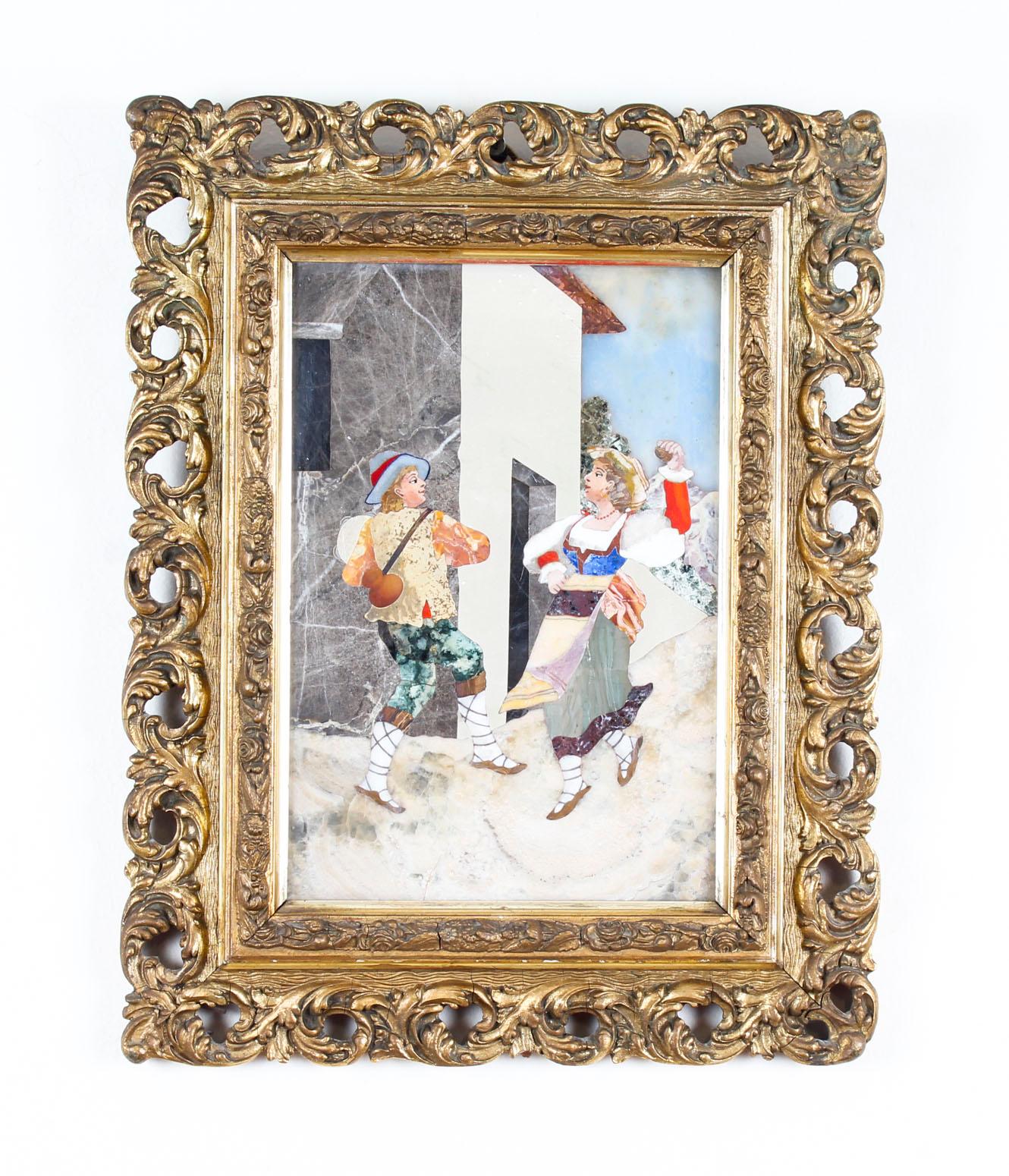 Late 19th Century Antique Italian Grand Tour Pietra Dura Plaque Giltwood Frame, 19th Century