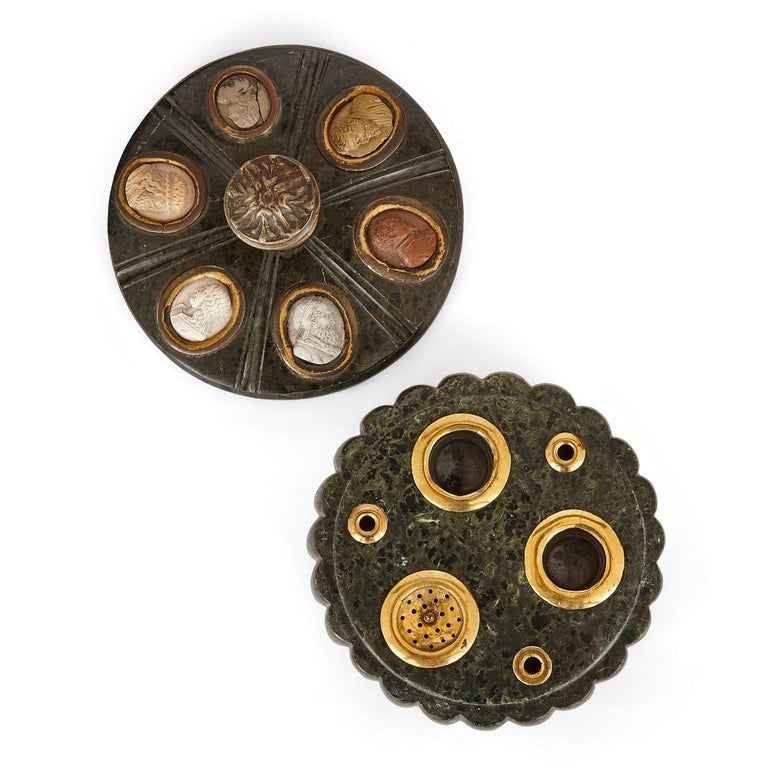 Stone Inkstand Antique Italian Green Marble and 'Lava Cameo' Inkstand For Sale at 1stDibs