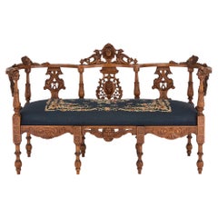 Antique Italian Grotto Furniture Settee Carved Wood Needlepoint Tapestry Seating