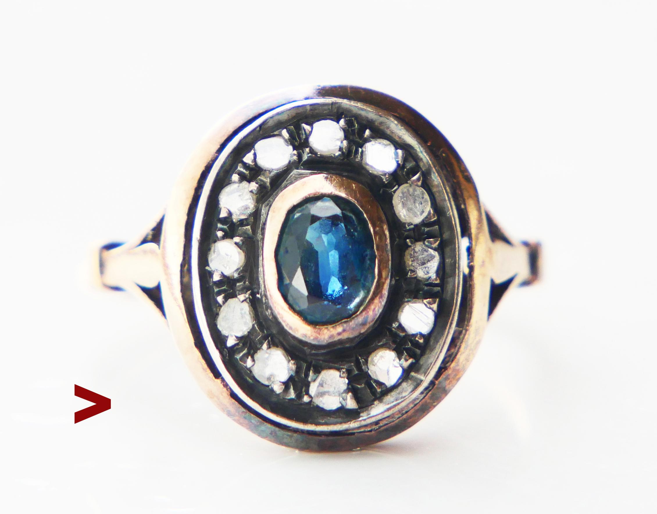 Italian Halo Ring with natural Blue - Green Sapphire and 12 rose-cut Diamonds.

Hand-made between the 1920s - 1930. sItalian hallmarks : 486,500, NA ( Naple s) band's metal tested 12K Rose Gold. Face of the crown is made of Silver or 12K White
