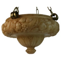 Art Deco Hand Carved Alabaster and Bronze Chandelier with Deep Carved Fruits
