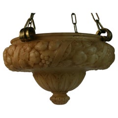 Art Deco Hand Carved Alabaster and Bronze Chandelier with Deep Carved Fruits