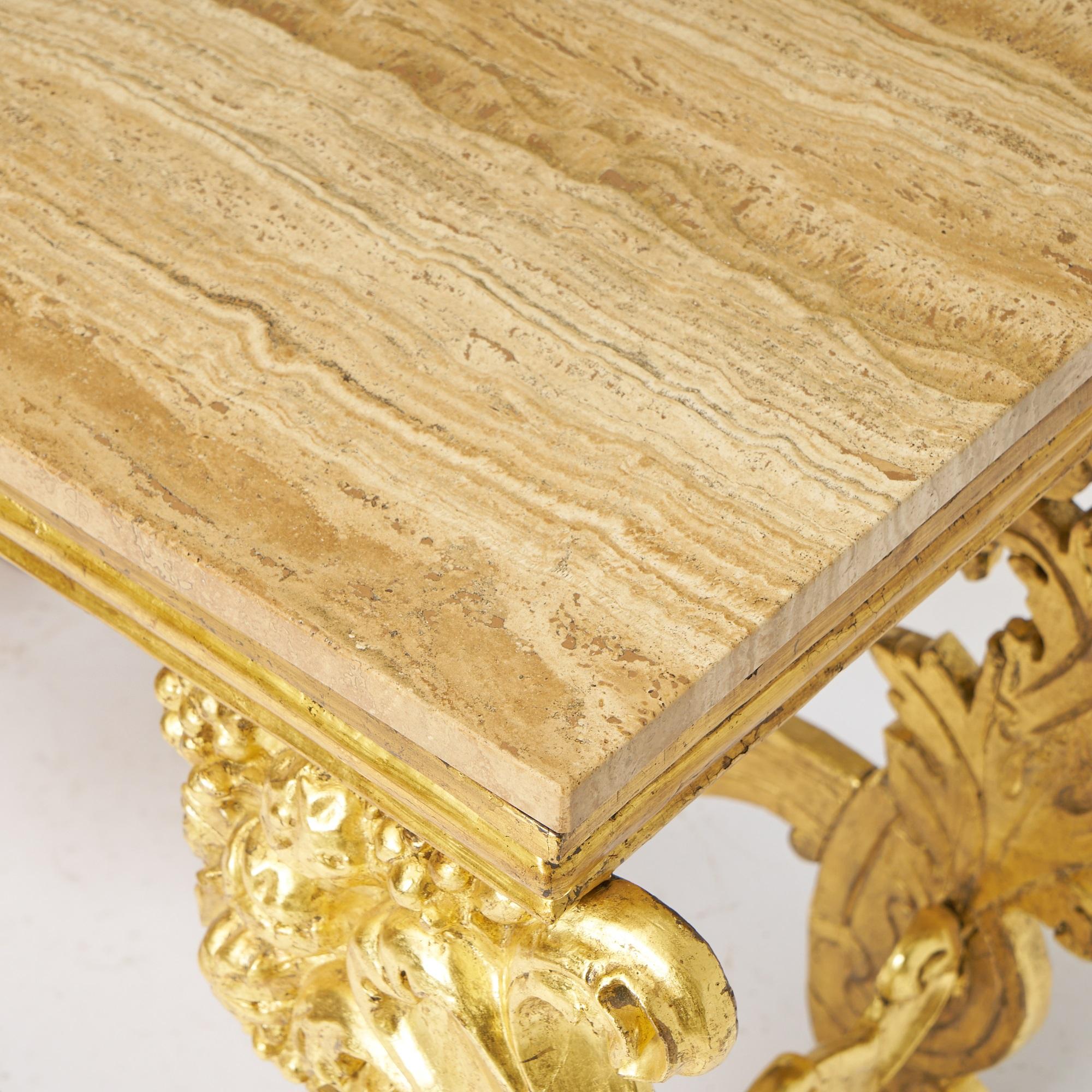 Early 19th Century Antique Italian Hand-Carved & Gilt Rococo Marble Top Console Table