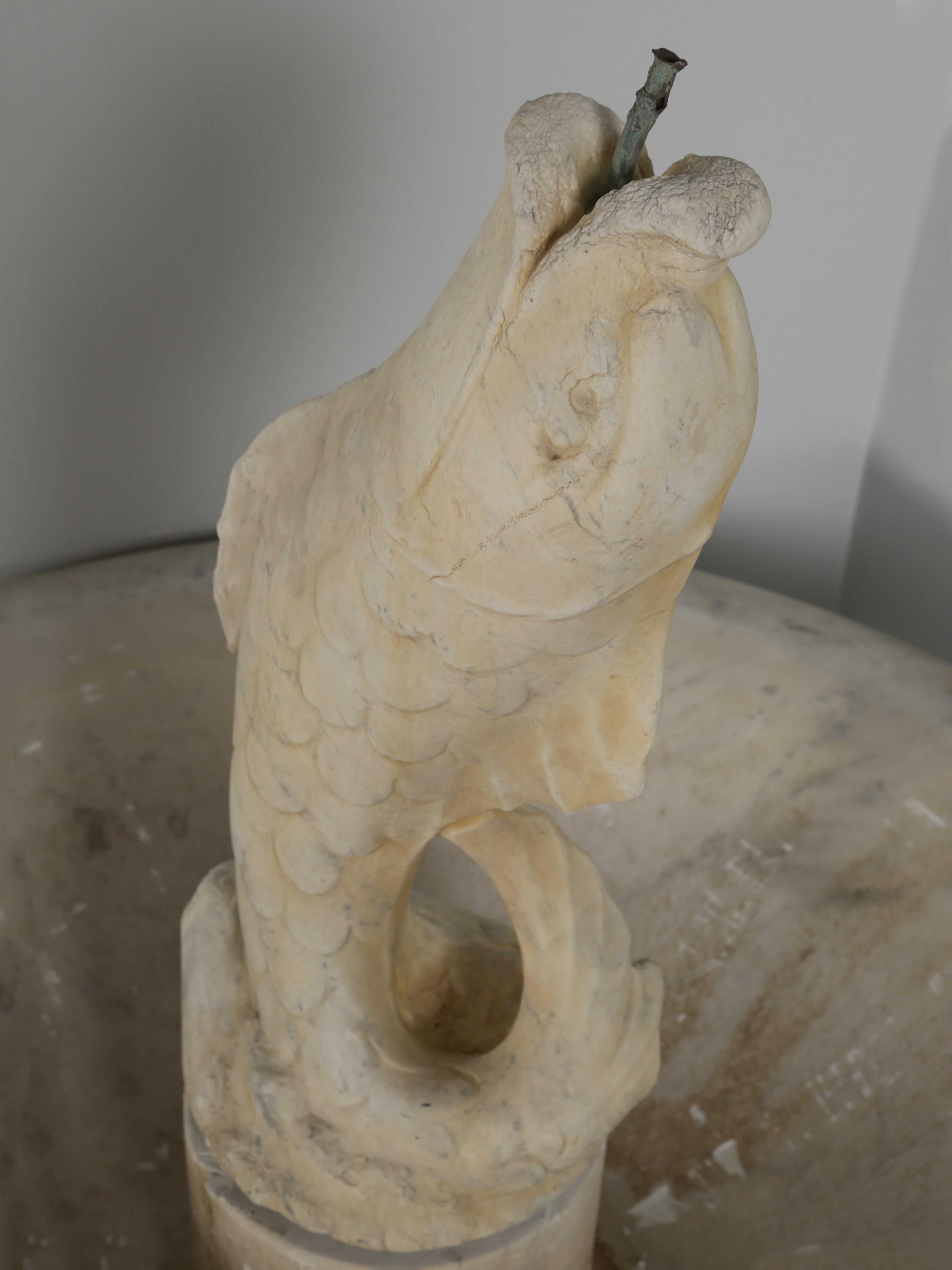 Antica fontana italiana in marmo scolpita a mano con un classico beccuccio a forma di pesce, rimossa da un palazzo di Chicago. Il precedente proprietario ci ha detto che la casa in cui risiedeva l'antica fontana di marmo italiana è stata costruita