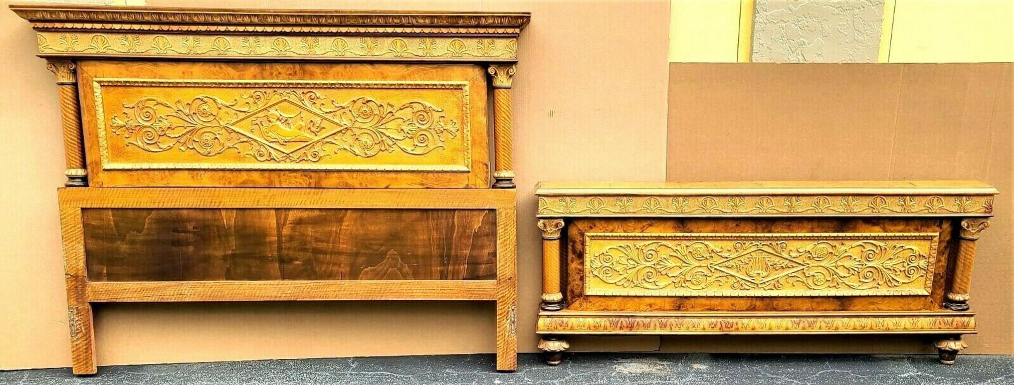 Offering One Of Our Recent Palm Beach Estate Fine Furniture Acquisitions Of A
Antique c 1900 Italian Neoclassical Hand Carved Burl Bed Frame
This is a very special and unique piece. All hand-carved.
Can be used as a king or queen-size bed depending