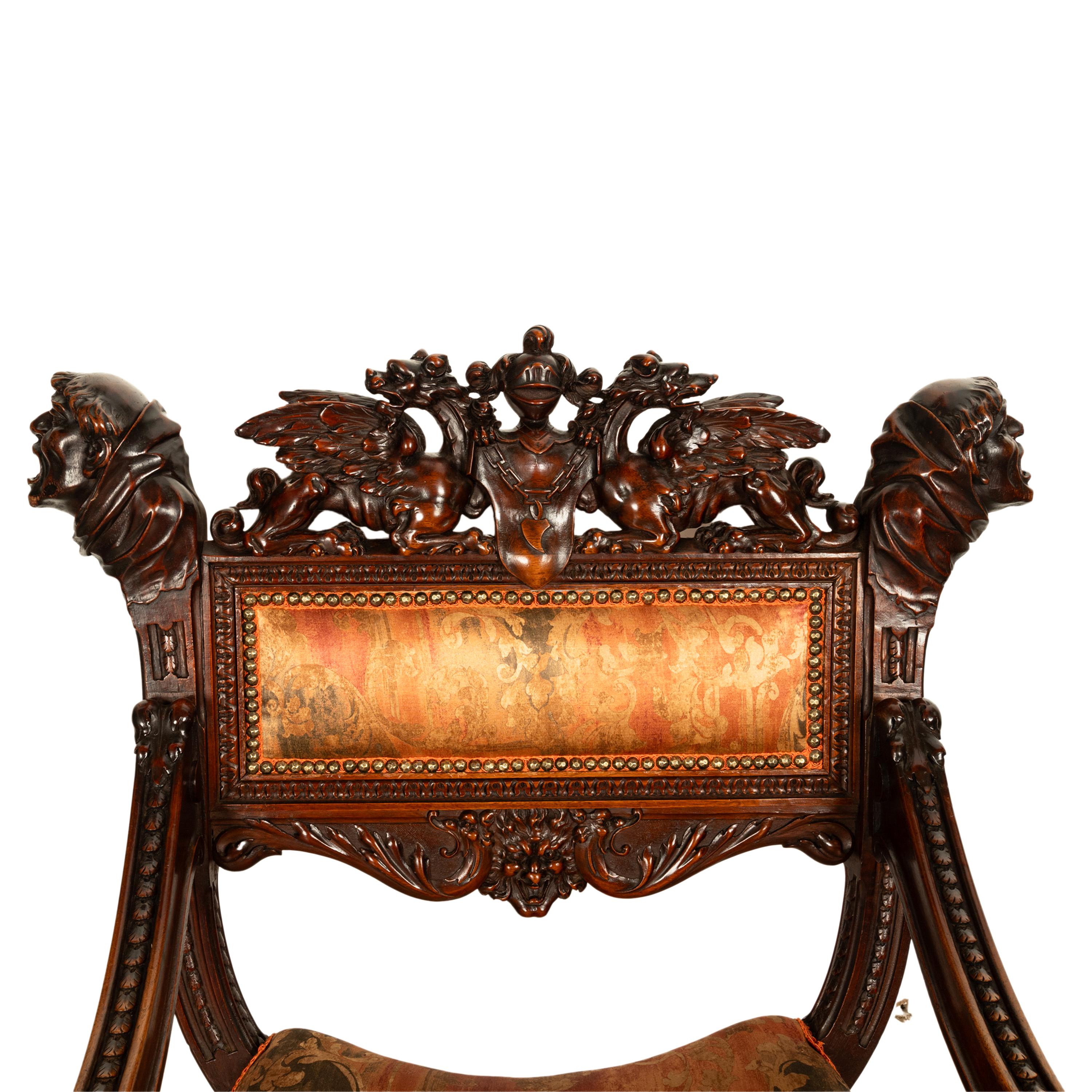 Antique Italian Hand Carved Walnut Renaissance Dragon & Knight Throne Chair 1880 For Sale 4