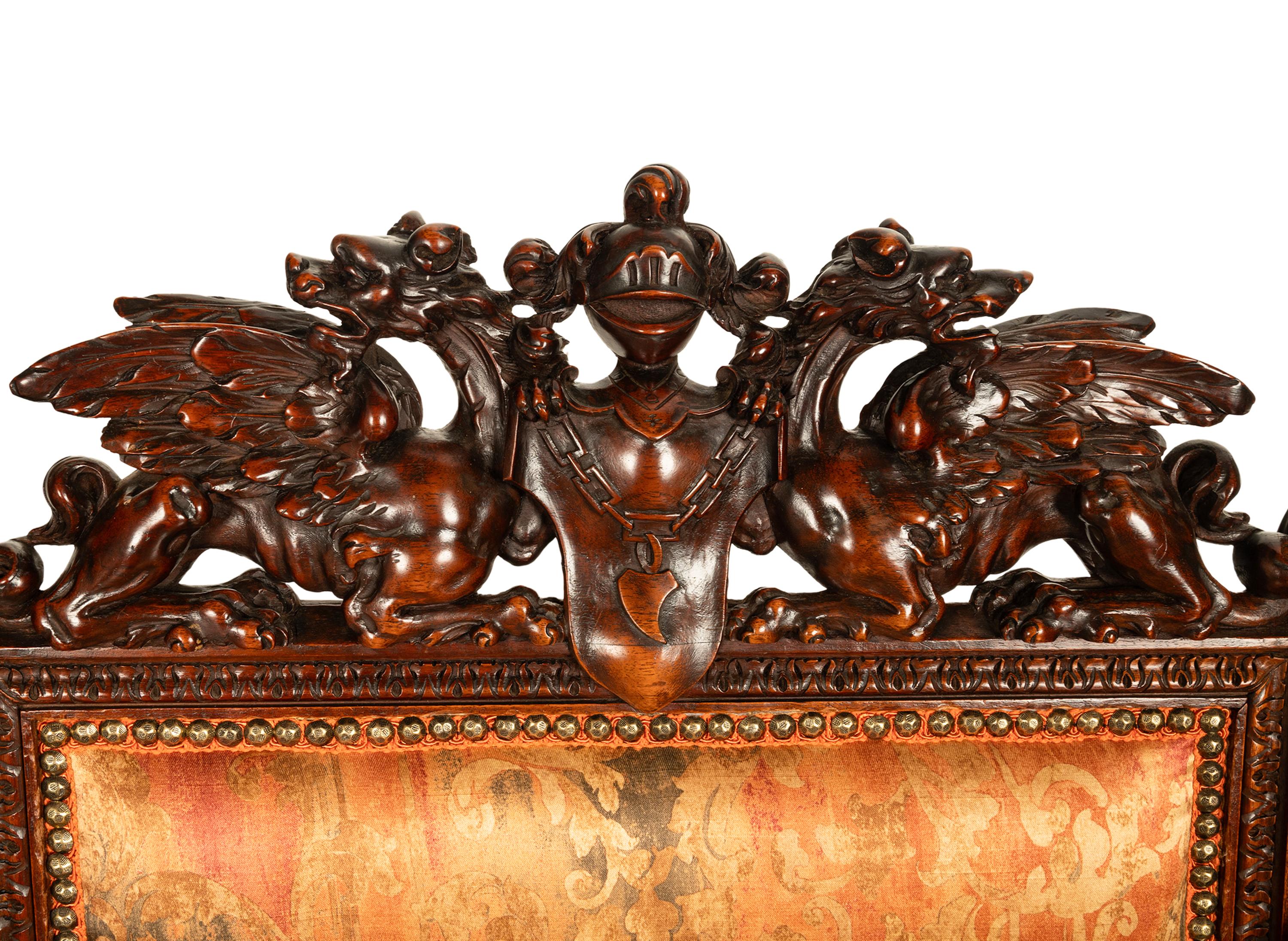 Antique Italian Hand Carved Walnut Renaissance Dragon & Knight Throne Chair 1880 For Sale 5
