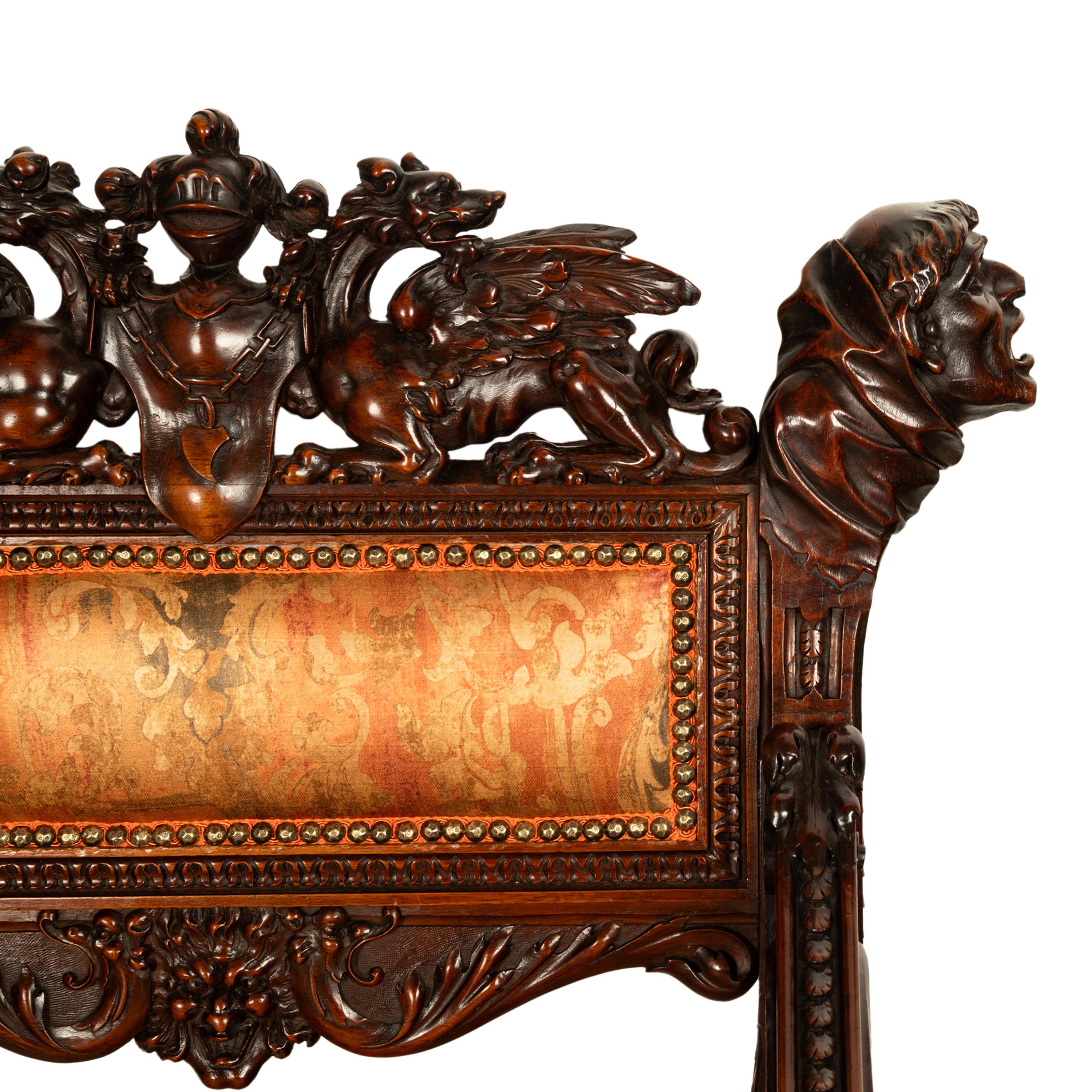 Antique Italian Hand Carved Walnut Renaissance Dragon & Knight Throne Chair 1880 For Sale 6