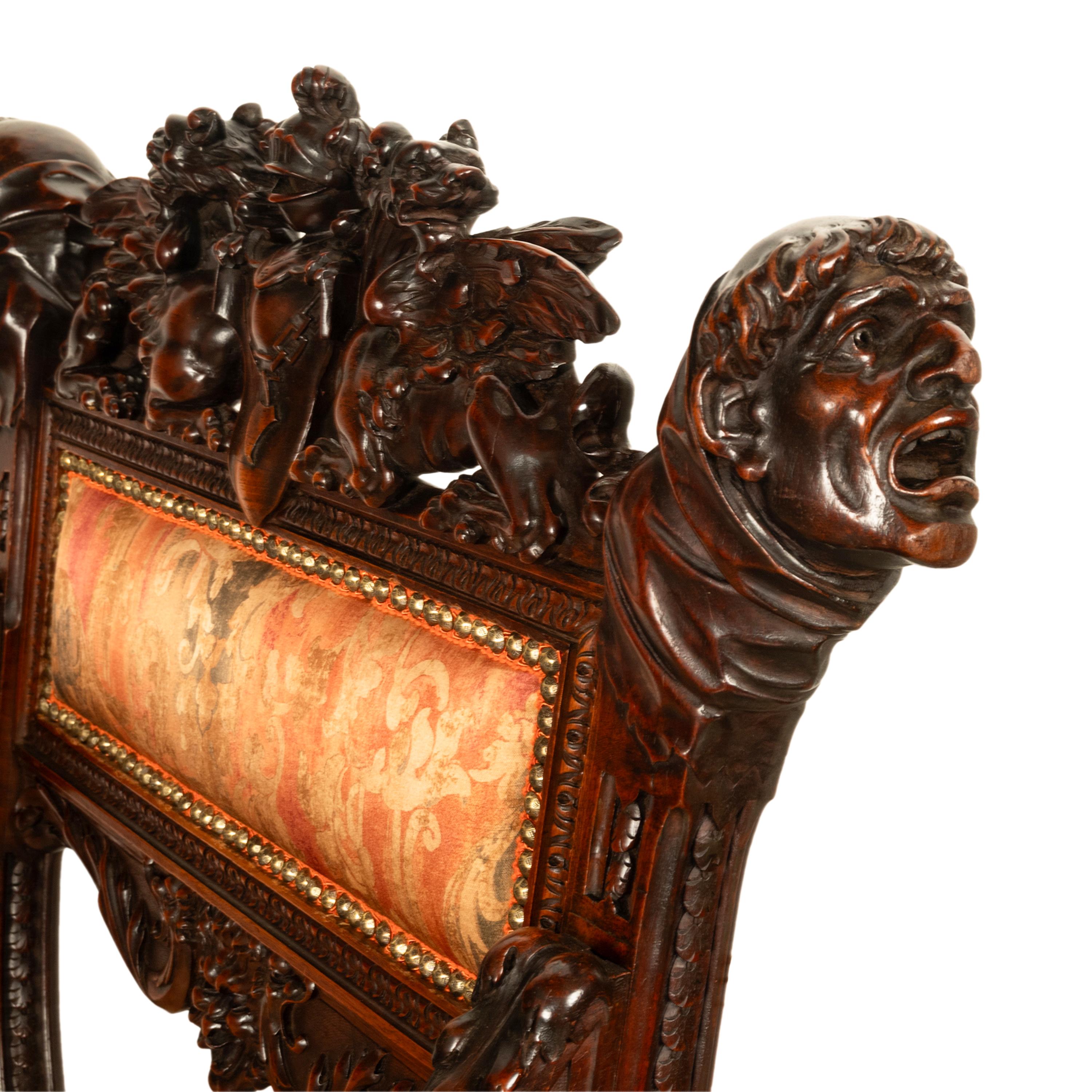 Antique Italian Hand Carved Walnut Renaissance Dragon & Knight Throne Chair 1880 For Sale 7