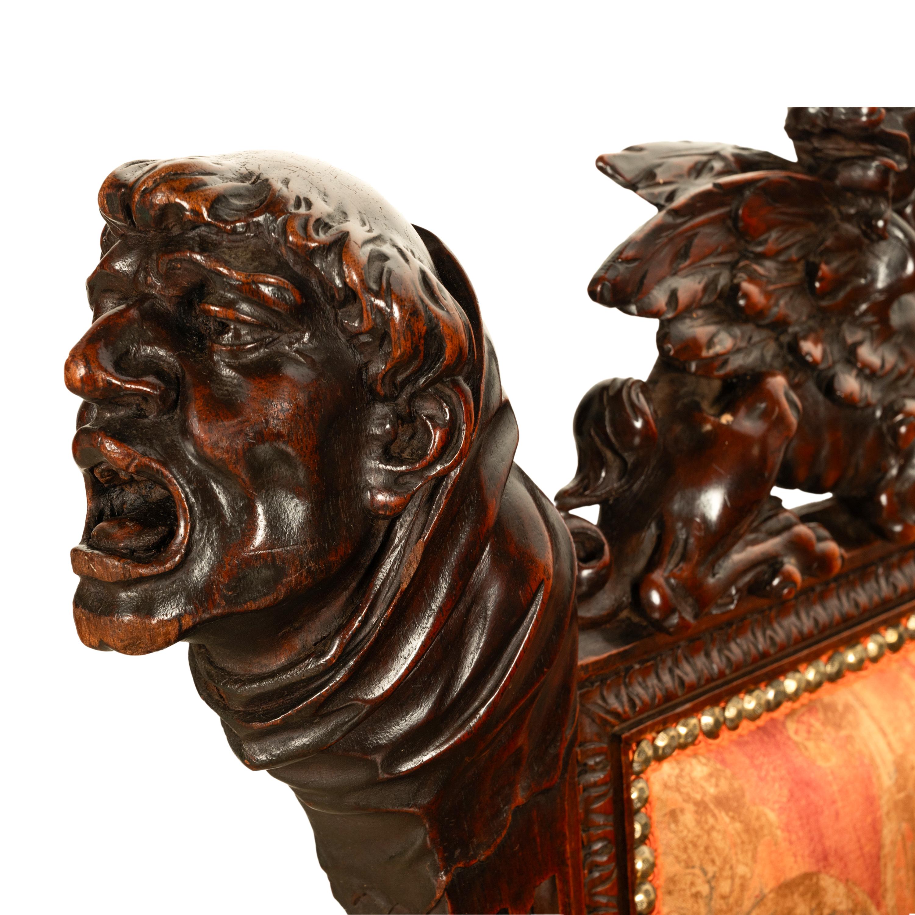 Antique Italian Hand Carved Walnut Renaissance Dragon & Knight Throne Chair 1880 For Sale 8