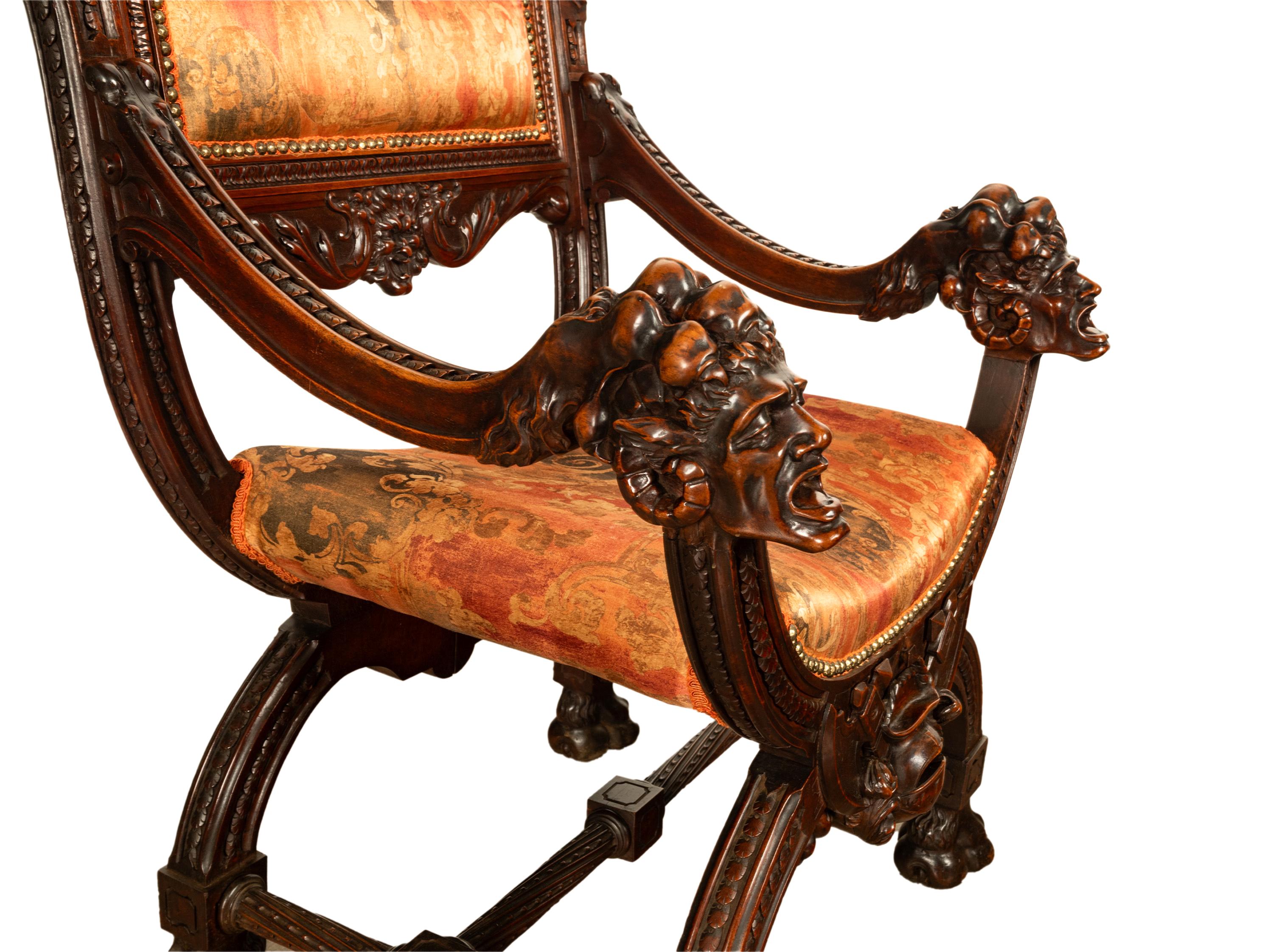 Antique Italian Hand Carved Walnut Renaissance Dragon & Knight Throne Chair 1880 For Sale 9