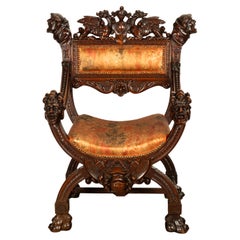 Antique Italian Hand Carved Walnut Renaissance Dragon & Knight Throne Chair 1880
