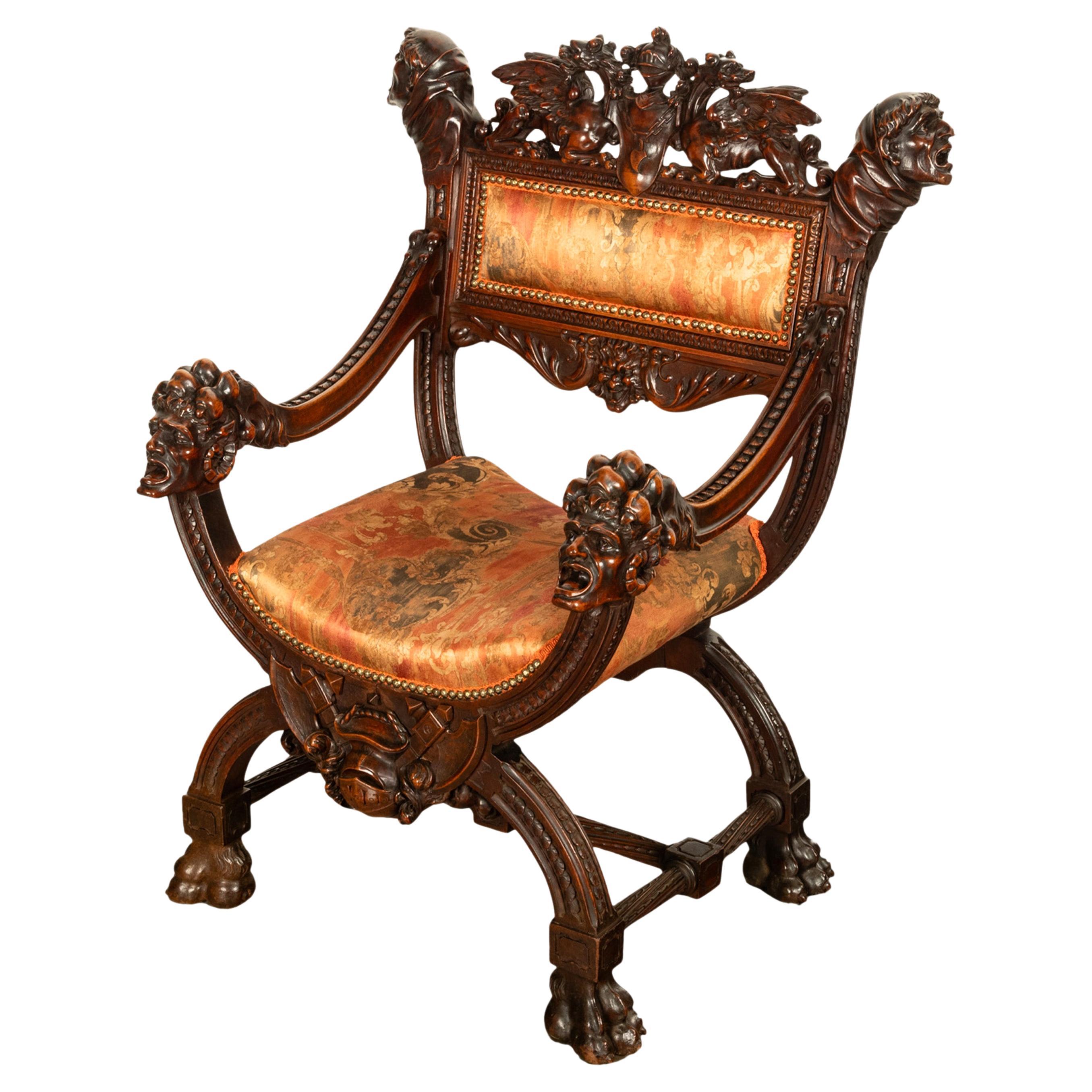 Renaissance Revival Antique Italian Hand Carved Walnut Renaissance Dragon & Knight Throne Chair 1880 For Sale
