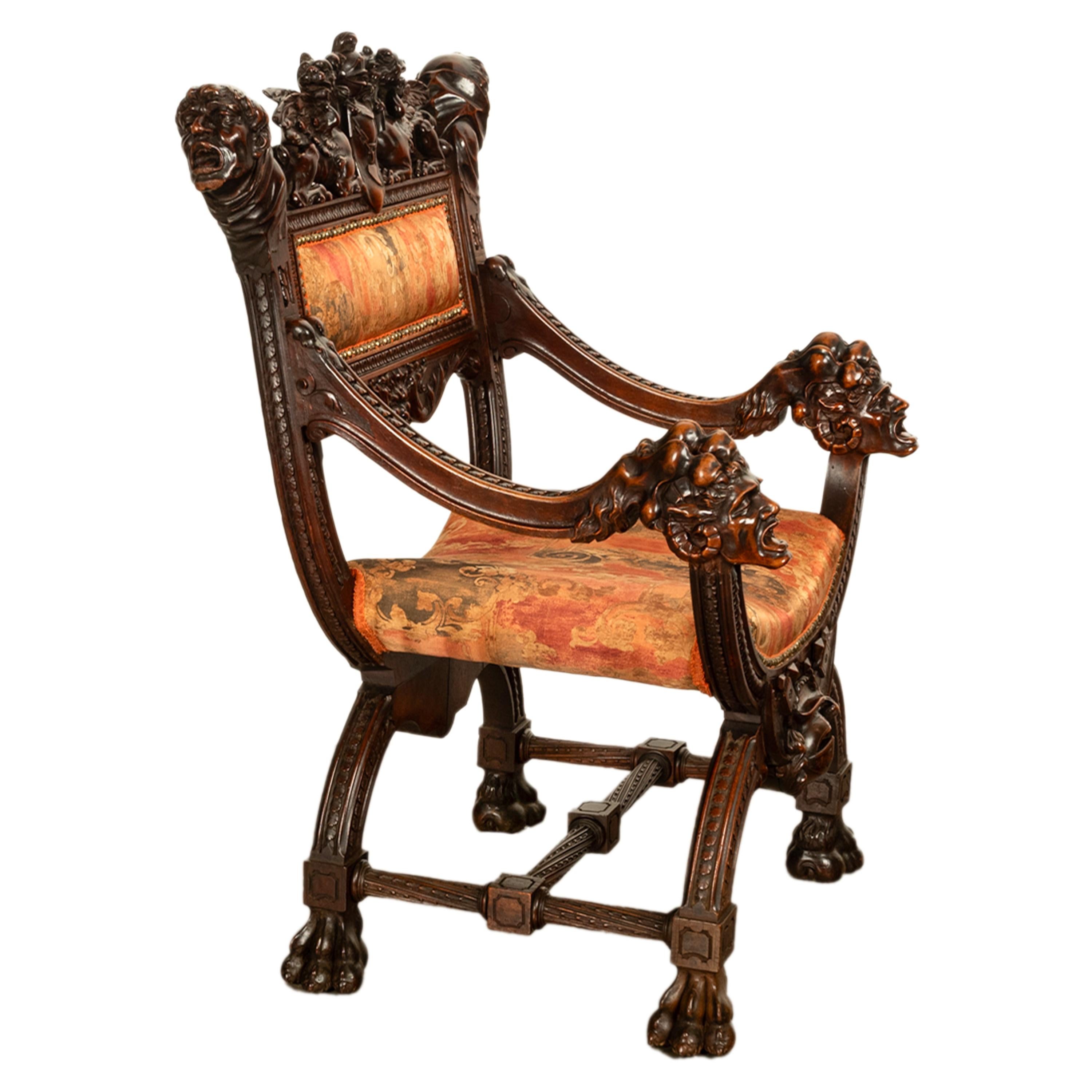 Antique Italian Hand Carved Walnut Renaissance Dragon & Knight Throne Chair 1880 In Good Condition For Sale In Portland, OR