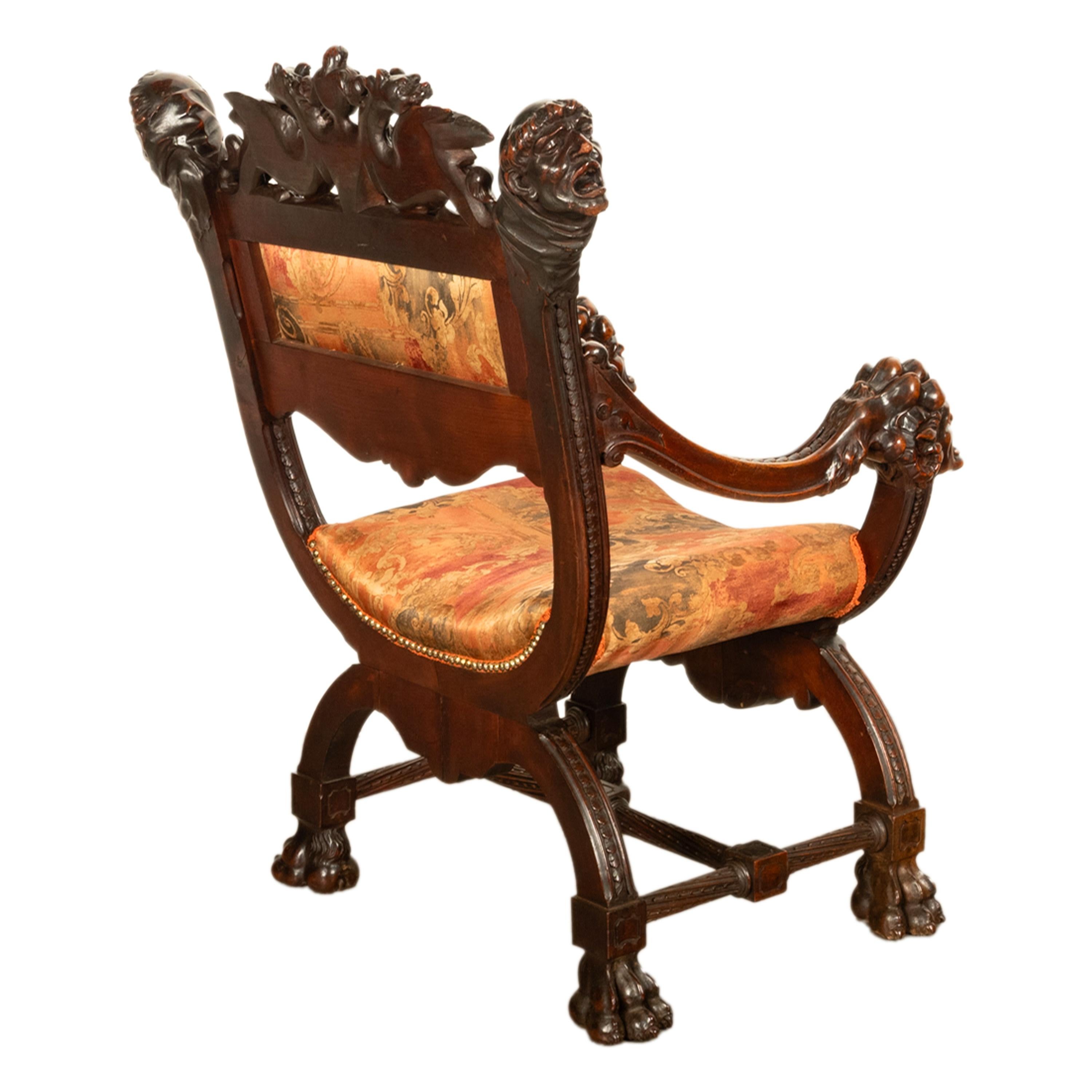 Late 19th Century Antique Italian Hand Carved Walnut Renaissance Dragon & Knight Throne Chair 1880 For Sale