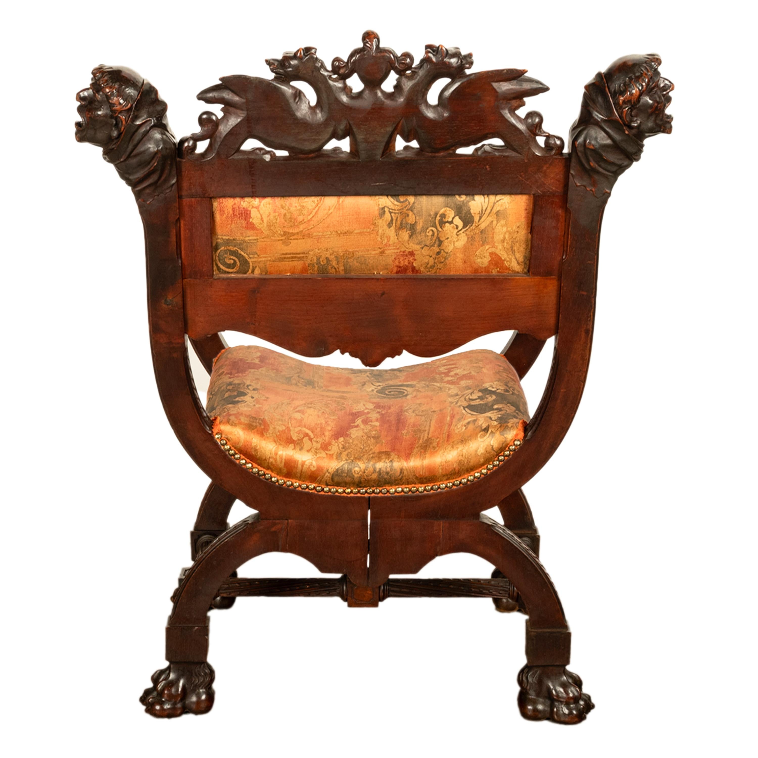 Upholstery Antique Italian Hand Carved Walnut Renaissance Dragon & Knight Throne Chair 1880 For Sale