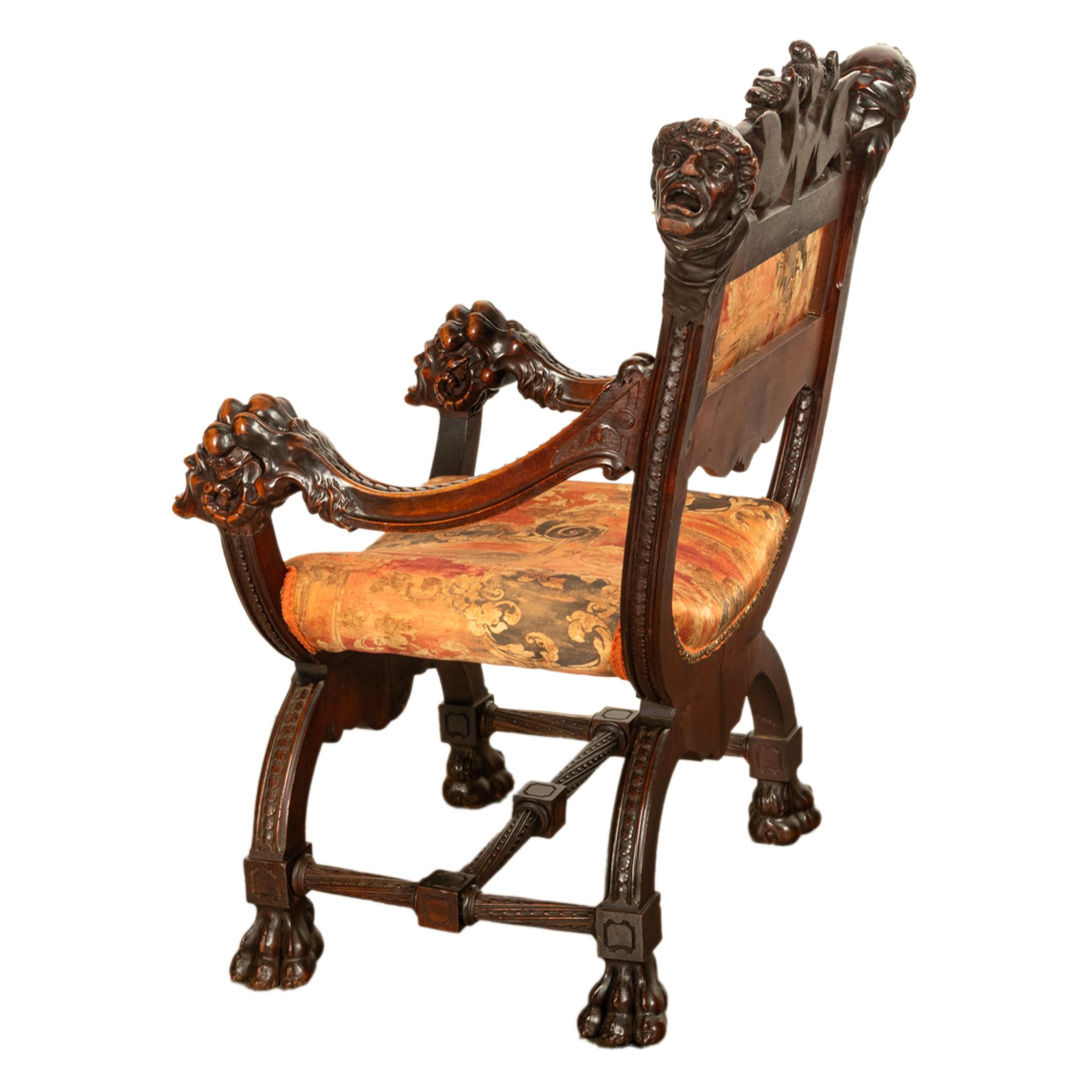 Antique Italian Hand Carved Walnut Renaissance Dragon & Knight Throne Chair 1880 For Sale 1