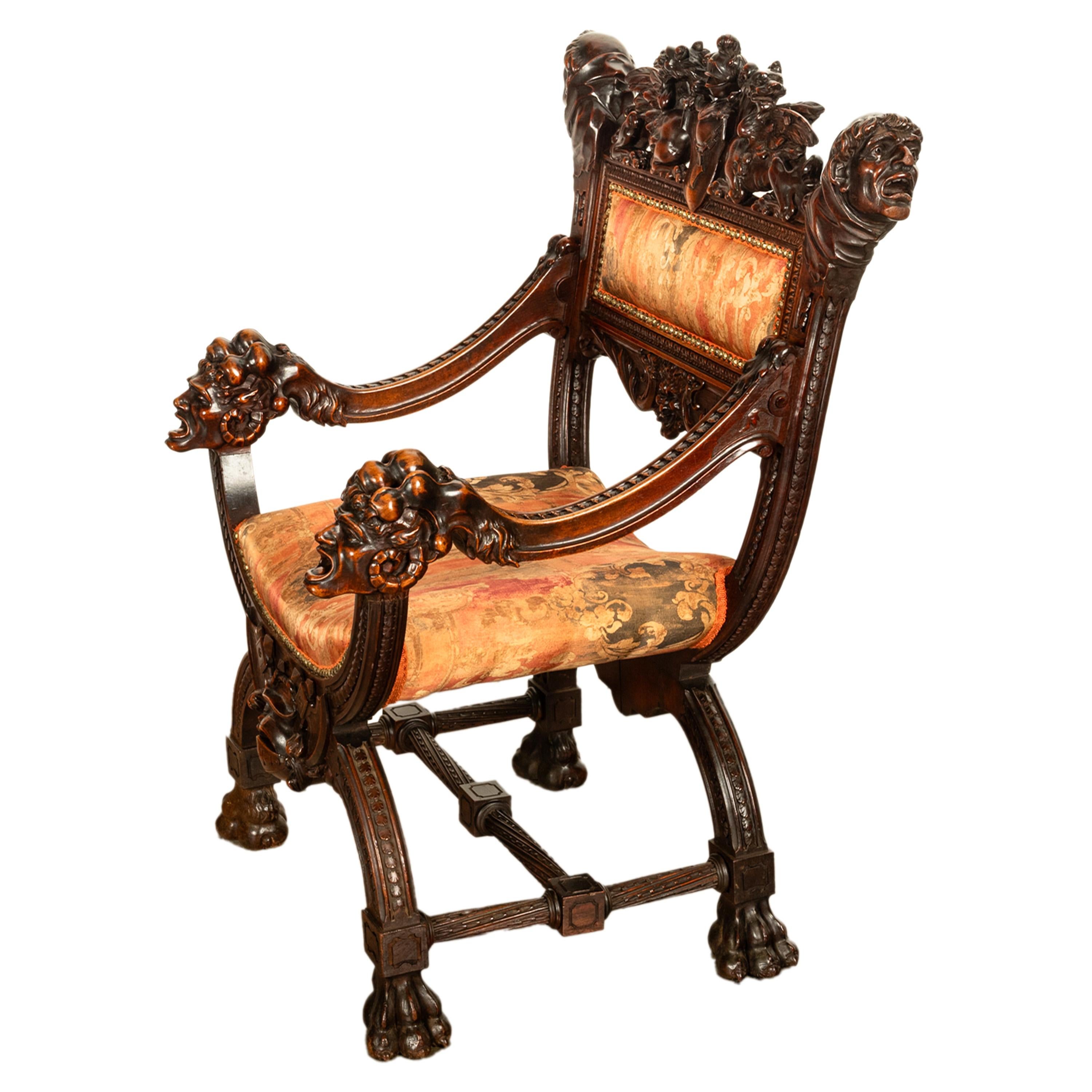 Antique Italian Hand Carved Walnut Renaissance Dragon & Knight Throne Chair 1880 For Sale 2