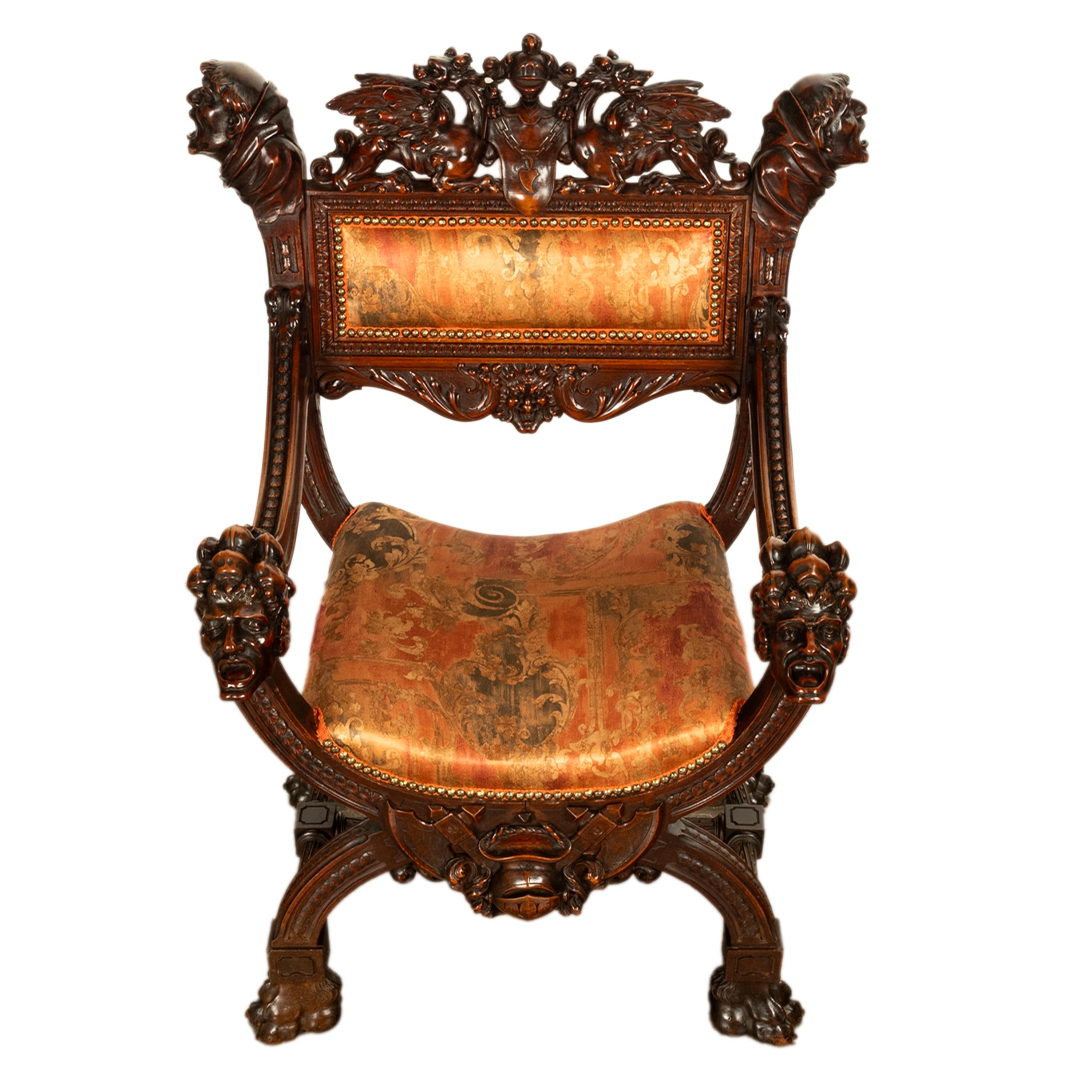 Antique Italian Hand Carved Walnut Renaissance Dragon & Knight Throne Chair 1880 For Sale 3