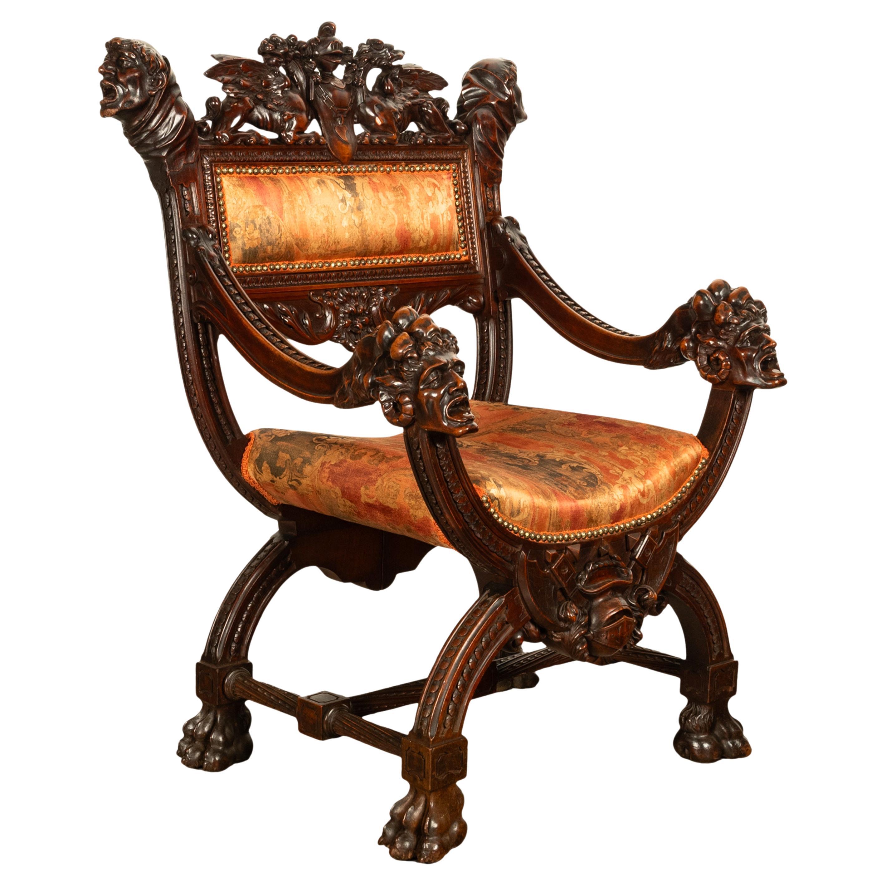 Antique Italian Hand Carved Walnut Renaissance Dragon & Knight Throne Chair 1880