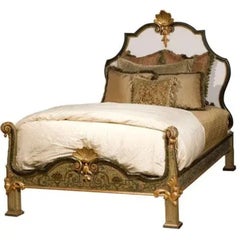 Antique Italian Hand-Painted Bed, Floral & Scalloped Shell Motif, Green