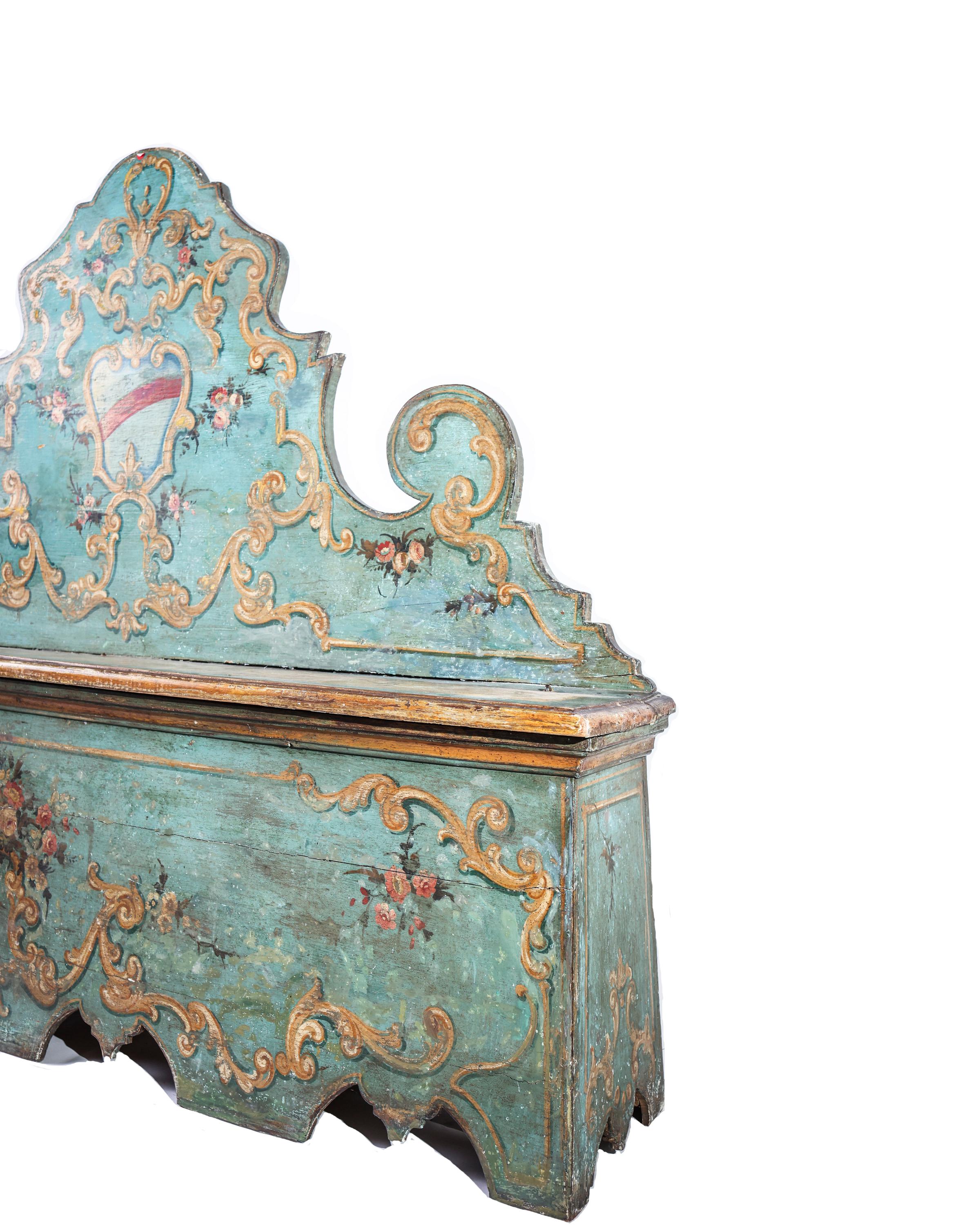 Antique Italian Hand Painted Blue Bench In Good Condition For Sale In Round Top, TX