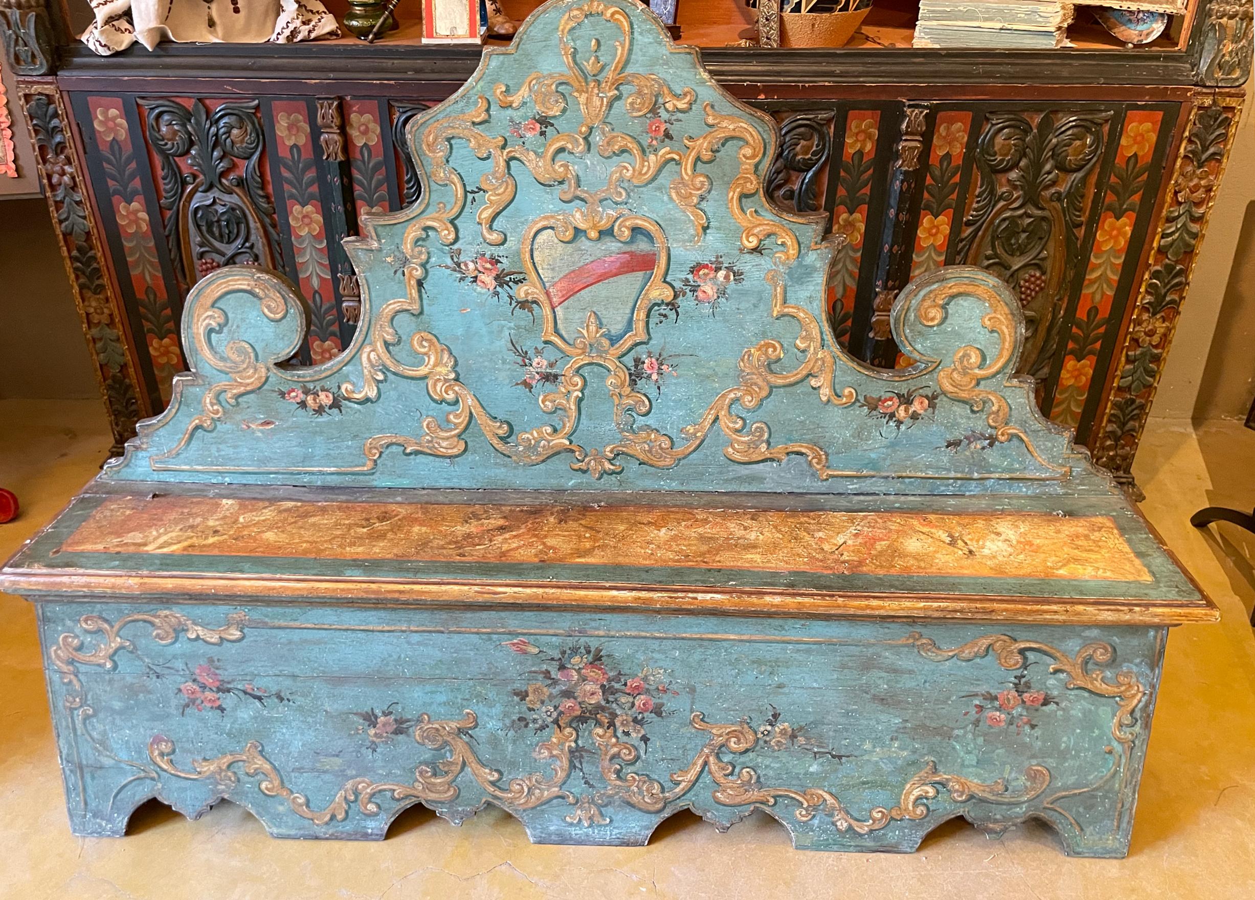 Wood Antique Italian Hand Painted Blue Bench For Sale