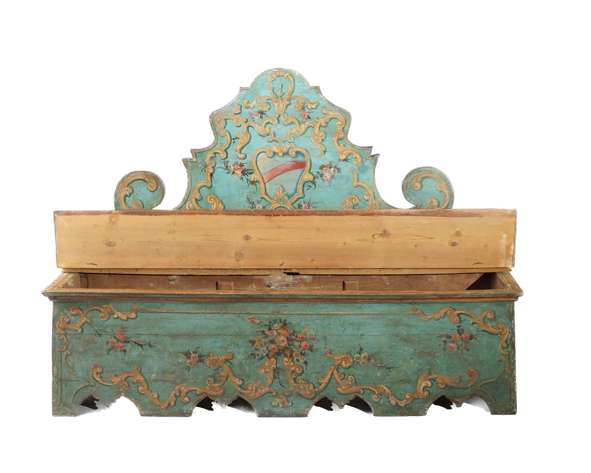 Antique Italian Hand Painted Blue Bench For Sale 2